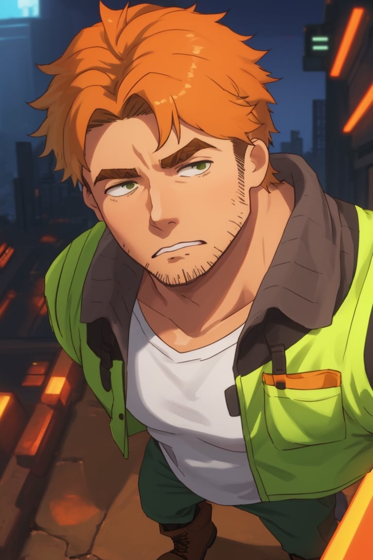 (1 image only), solo male, Gagumber, Sakugan, physical laborer worker, brown hair, two-tone hair, stubble, green eyes, thick eyebrows, (white tank top), (orange High-visibility jacket), open jacket, green work pants, black boots, black gloves, mature, handsome, charming, alluring, ((portrait, close-up)), perfect anatomy, perfect proportions, high_resolution, dutch angle, detailed background, cyberpunk city