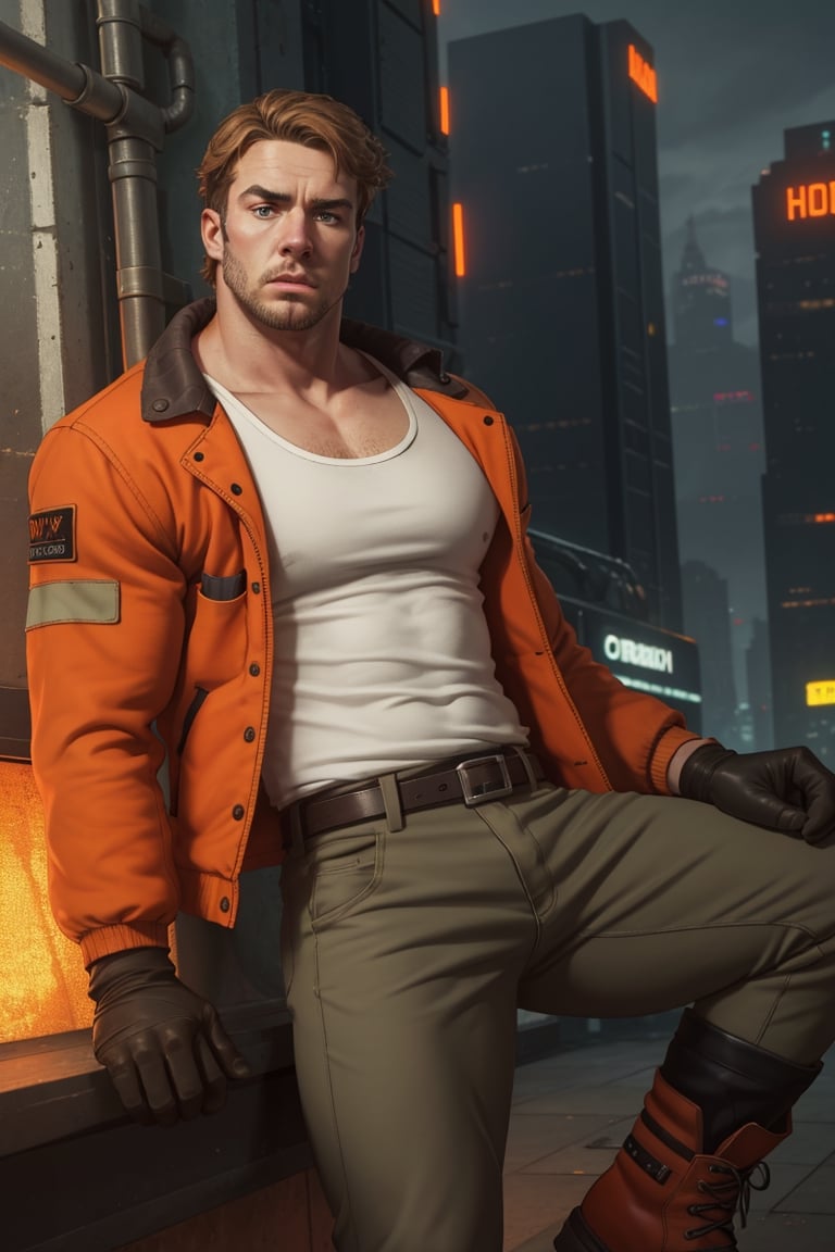 (1 image only), solo male, Gagumber, Sakugan, physical laborer worker, brown hair, two-tone hair, stubble, green eyes, thick eyebrows, (white tank top), (orange High-visibility jacket), open jacket, green work pants, black boots, black gloves, mature, handsome, charming, alluring, ((portrait, close-up)), perfect anatomy, perfect proportions, high_resolution, dutch angle, detailed background, cyberpunk city