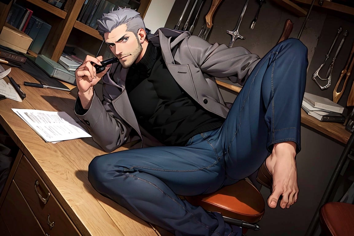 (1 image only), solo male, Munehisa Iwai,  Persona, Asian, Japanese, Weapons Dealer, grey hair, short hair, stubble, grey eyes, sideburns, black turtleneck sweater, long gray coat, open coat, coat hood down, simple blue jeans, black leather boots, mature, masculine, handsome, charming, alluring, lying on chair, (feet on desk, crss legs), perfect anatomy, perfect proportions, (best quality, masterpiece), (perfect eyes), high_resolution, dutch angle, [cowboy shot], weapon workshop