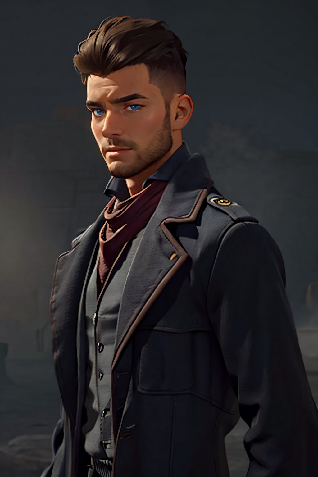 Geoffrey McCullum, dark brown hair, (crewcut, high fade), blue eyes, stubble, handsome, charming, alluring, rugged, black trench coat, black pants, grey vest, dark red cravat, (standing), (upper body in frame), simple background, 1918 London, fog, dark atmosphere, perfect light, perfect anatomy, perfect proportions, perfect perspective, 8k, HQ, (best quality:1.5, hyperrealistic:1.5, photorealistic:1.4, madly detailed CG unity 8k wallpaper:1.5, masterpiece:1.3, madly detailed photo:1.2), (hyper-realistic lifelike texture:1.4, realistic eyes:1.2), picture-perfect face, perfect eye pupil, detailed eyes, realistic, HD, UHD, (front view:1.2), portrait, looking outside frame,perfecteyes