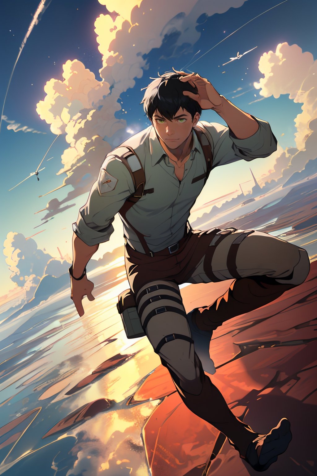 bertolt(black hair, green eyes), ((pure grey collared shirt, fit shirt, black pants, black combat boots)),  mature, manly, hunk, charming, alluring, seductive, highly detailed face, detailed eyes, perfect light, (only 2 legs, perfect legs, perfect fingers, perfect feet:1.2), (floating in the air, flying in very high sky, feet off the ground:1.4), (look behind, recoil, sprint,:1.4), simple background, empty sky with cloud, (best quality), (8k), (masterpiece), best quality, 1 image, perfect anatomy, perfect proportions, perfect perspective, (AttackonTitan, wearing Omni-directional mobility gear), ((full body in frame)), dutch angle, dynamic, (Hands:1.2), better_hands, (red rock desert in background distant, vast steamy smoke on the ground in far horizon)