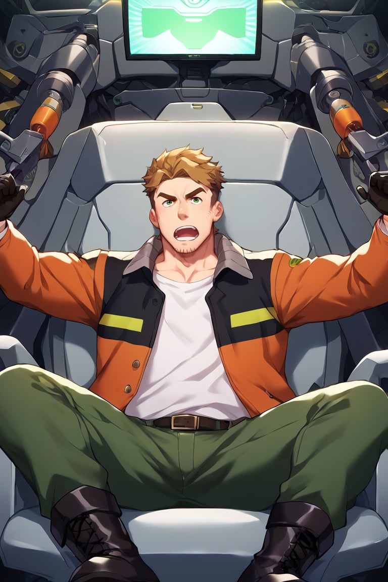 core_9, score_8_up, score_7_up, score_6_up, perfect anatomy, perfect proportions, best quality, masterpiece, high_resolution, high quality, solo male, Gagumber, brown hair, two-tone hair, sideburns, facial hair, stubble, green eyes, thick eyebrows, white tank top, orange high-visibility bomber jacket, open jacket, black gloves, green work pants, black boots, sitting in a huge industrial mecha, mecha cockpit, operator's seat, mecha joystick, outstretched arms, outstretched legs, holding joysticks, multiple monitor screen, science fiction, adult, mature, masculine, manly, handsome, charming, alluringe, serious, intense eyes, v-shaped eyebrows, open mouth, upper body, feet out of frame, cinematic still, emotional, harmonious, vignette, bokeh, cinemascope, moody, epic, gorgeous,