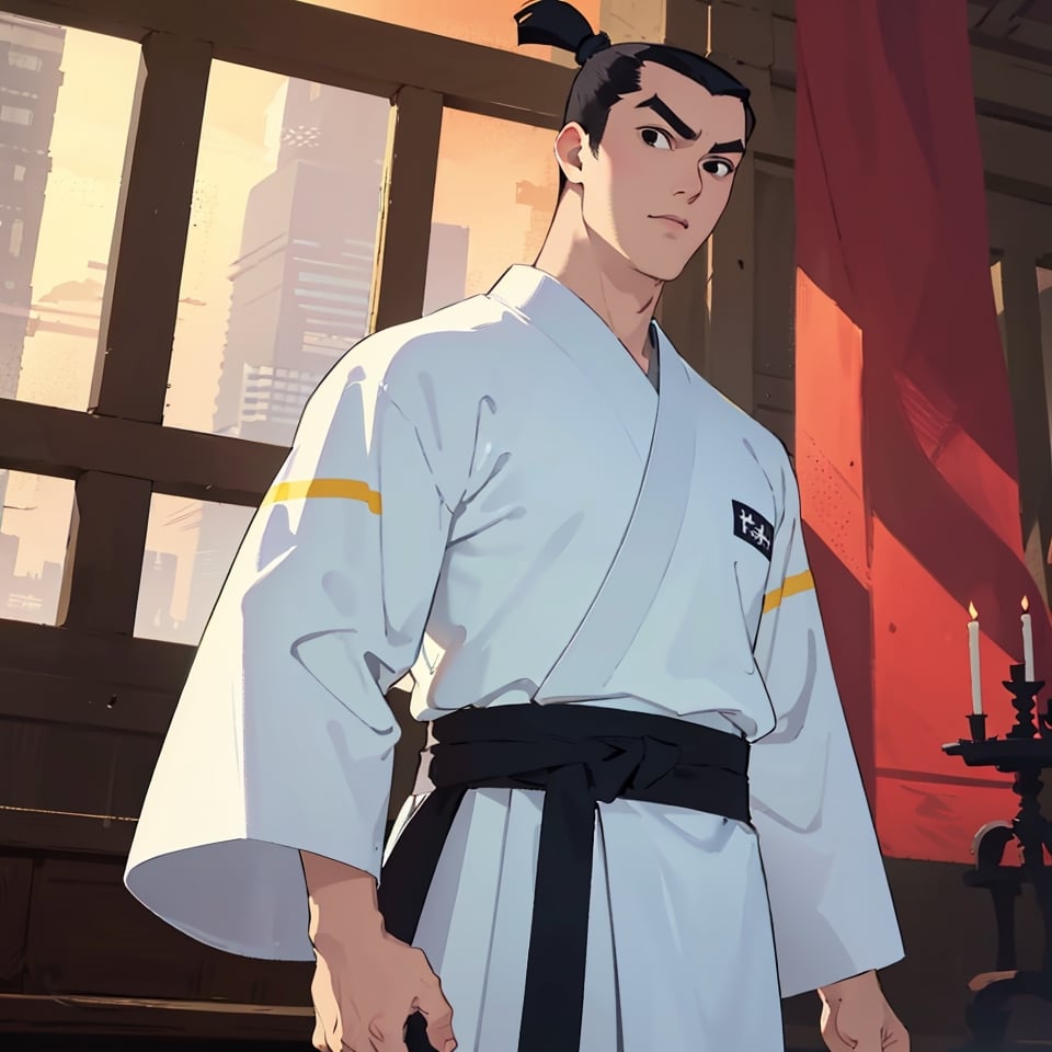 (1 image only), solo male, Samurai Jack, Cartoon Network style, Asian, Japanese, black hair, topknot, black eyes, geta, white Karate gi, white sashes, wide sleeves, mature, handsome, charming, alluring, standing, upper body, perfect anatomy, perfect proportions, (best quality, masterpiece), perfect hands, high_resolution, dutch angle, cowboy shot, fine art, 2d, flat, (single placket), grey placket