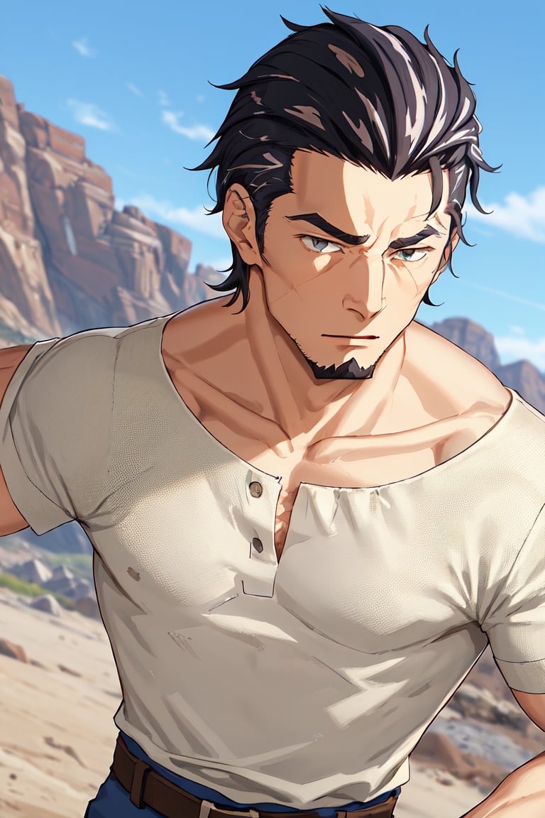 (1 image only), solo male, Kaburagi, Deca Dence, greying black hair, slicked back hair, thick eyebrows, sideburns, goatee, green eyes, scar, tucked-in wide necked short-sleeved white shirt, sleeves tucked up and buttoned, short sleeves, olive wide worker pants, black belt tied, brown boots. simplpe leather bracelet, toned male, mature, handsome, charming, alluring, (portrait, close-up), perfect anatomy, perfect proportions, best quality, masterpiece, high_resolution, dutch angle, outdoors, day, blue sky, science fiction, citadel on sky, photo background, (bare neck, collarbone:1.3)