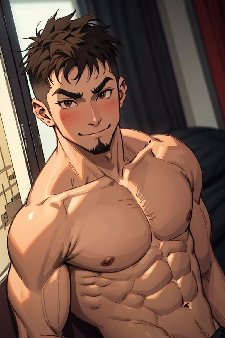 (1 image only), solo male, Jay Chiang, Asian, Taiwanese, hotel room, 2d, anime, flat, black hair, short hair, high fade, goatee, thick eyebrows, (brown eyes),  (topless, shirtless), upperbody, smirk, blush, mature, handsome, charming, alluring, portrait, perfect anatomy, perfect proportions, (best quality, masterpiece), (perfect eyes:1.2), high_resolution, dutch angle 