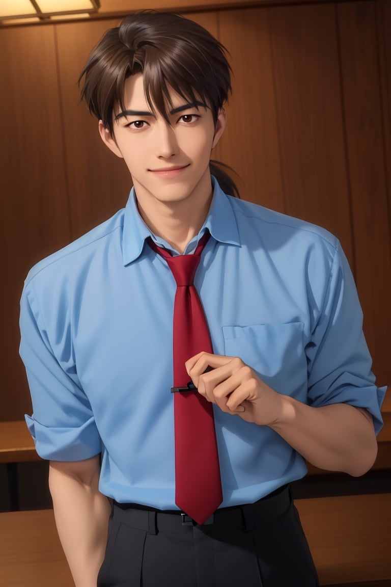 (1 image only), solo male, Ryoji Kaji, Neon Genesis Evangelion, Asian, Japanese, dark brown hair, bangs, short ponytail, dark brown eyes, (thin stubble), blue collared shirt, red sleeves rolled up, necktie, black pants, smile, (mature, masculine), handsome, charming, alluring, pov, upper body, table, perfect anatomy, perfect proportions, 2D, anime, (best quality, masterpiece), ((perfect eyes, perfect eye pupil)), perfect hands, high_resolution, dutch angle