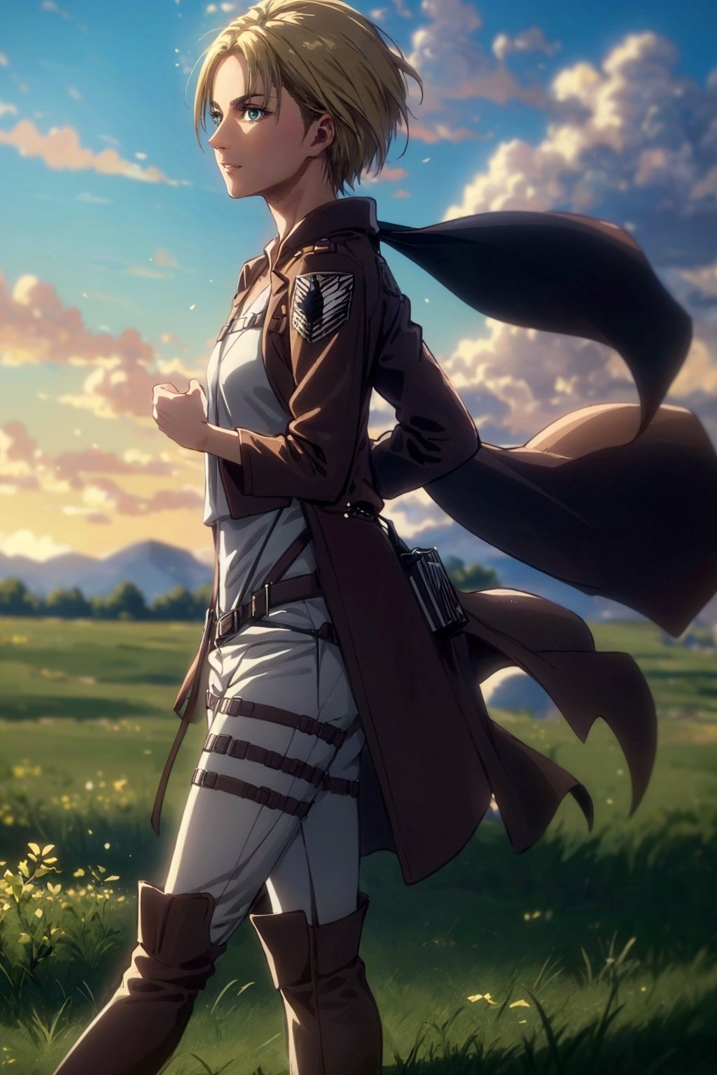 1girl, solo, Nanaba, Attack on Titan, blue eyes, wore standard Survey Corps uniform with a light-colored v-neck underneath, (blond hair, short hair), petite build, beautiful, handsome female, charming, alluring, gentle expression, soft expression, calm, smile (standing), (full body in frame), simple background, green plains, sky, dawn light, cinematic light, perfect anatomy, perfect proportions, 8k, HQ, HD, UHD, (best quality:1.5, hyperrealistic:1.5, photorealistic:1.4, madly detailed CG unity 8k wallpaper:1.5, masterpiece:1.3, madly detailed photo:1.2), (hyper-realistic lifelike texture:1.4, realistic eyes:1.2), picture-perfect face, perfect eye pupil, detailed eyes, dynamic, (dutch angle), (side view), AttackonTitan,perfecteyes, Nanaba,1 girl