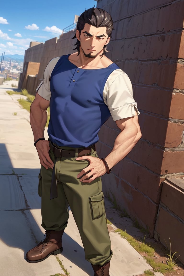 (1 image only), solo male, Kaburagi, Deca Dence, greying black hair, slicked back hair, thick eyebrows, sideburns, goatee, green eyes, scar, tucked-in wide necked short-sleeved white shirt, sleeves tucked up and buttoned, short sleeves, olive wide worker pants, black belt tied, brown boots. simplpe leather bracelet, toned male, mature, handsome, charming, alluring, standing, hand on waist, perfect anatomy, perfect proportions, best quality, masterpiece, high_resolution, dutch angle, outdoors, day, blue sky, science fiction, citadel on sky, photo background, better_hands, (perfect hand, perfect fingers:1.4)