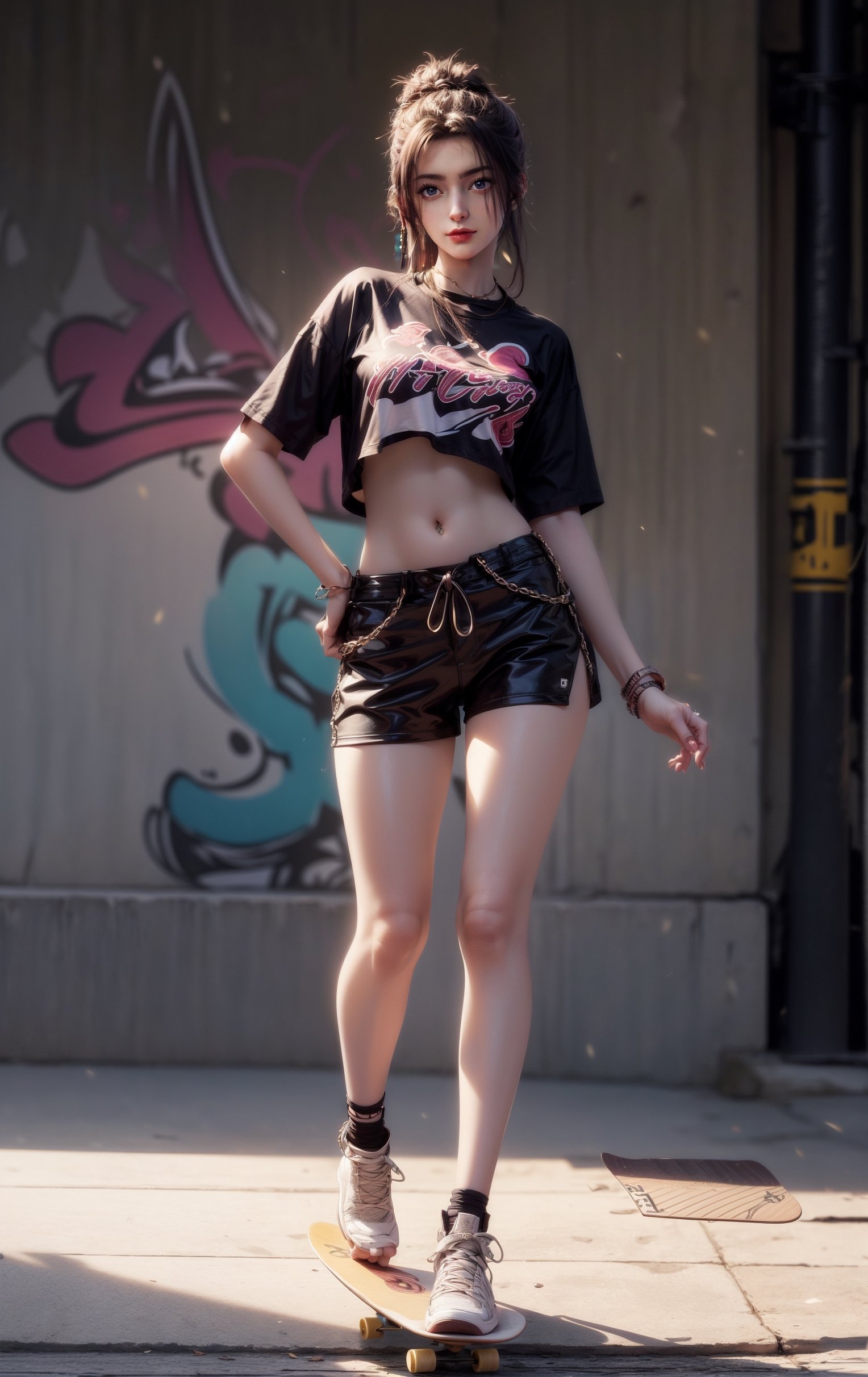 1 girl, beautiful korean girl, looking at viewer, 18yo, over sized eyes, big eyes, smiling, HDR raw photo, silver long hair, ahoge, urban and street style, graffiti-inspired colors, cool and edgy attire, tight T-shirt, show navel,show waist,stylish sneakers, fashionable accessories, hip hop jewelry, confident expression, graffiti walls, energetic and vibrant atmosphere, dynamic pose, looking at viewer,masterpiece,best quality,long legs,((long skateboard)),((sport pose)),long land,skateboarding,