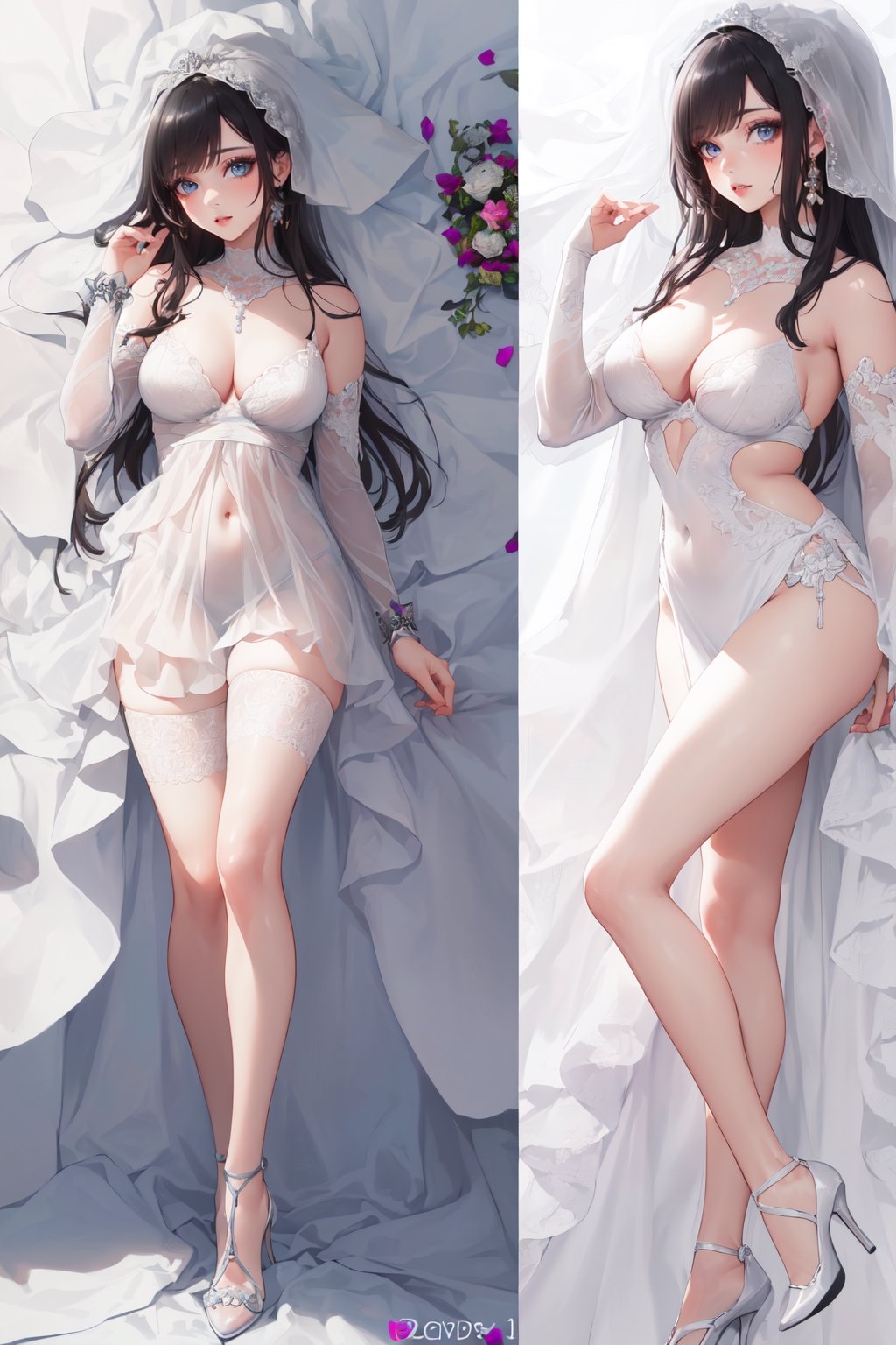 (dakimakura (medium):1.1) ,(full-body_portrait:1.1), (the mature woman, she is a bride, (she wears a white wedding dress, a white veil on her head), (she wears the white bridal gauntlets) , (She wears the white stockings) , (she wears white high heels),covered navel, long hair, red eyeshadow, long eyelashes, highly detailed, highres, (perfect face:1.3), (detailed face:1.3), (detailed eyes:1.3),(detailed mouth:1.3), (perfect hands:1.05), (perfect fingers:1.05), (big boobs:1.4, clevage), shy , (light black eyes:1.1),(black hair:1.3))