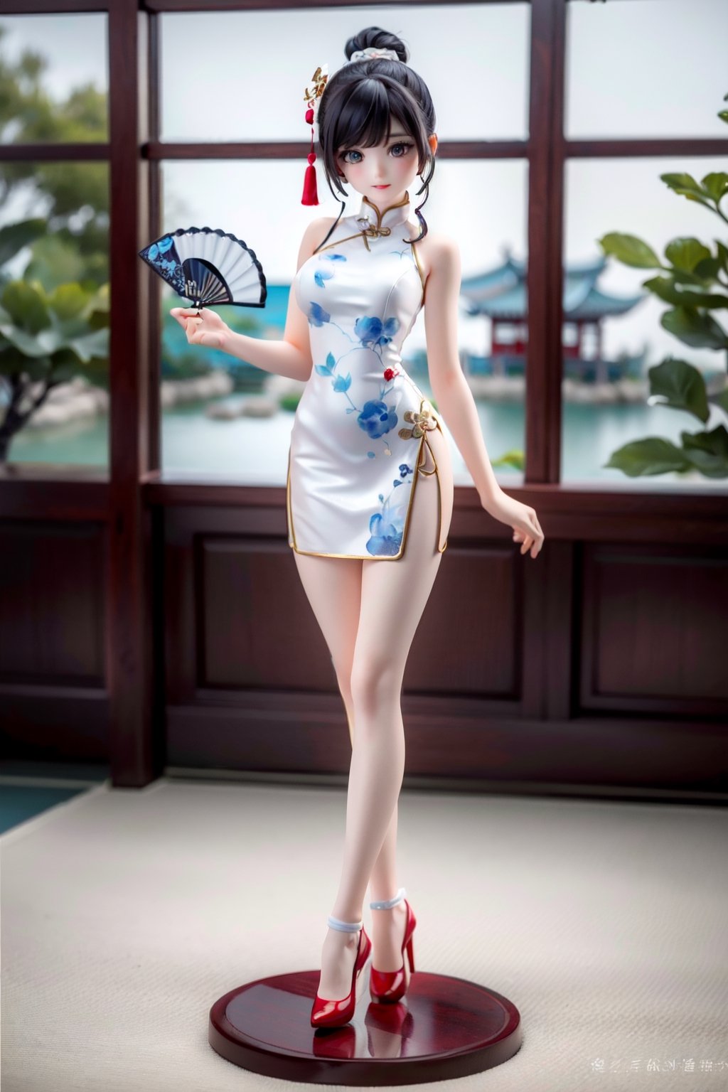 8K , Ultra-high resolution , a beautiful chinese woman wearing traditional Cheongsam dress,  full body,  Chinese garden as background,  blue and white contrast,  watercolor,  centered,  dynamic pose,  extremely detailed,  sharp focus,  show genitailia,  detailed genitalia,  cross legs , (((White or red shoes))) , One Hand-held Chinese fan , 