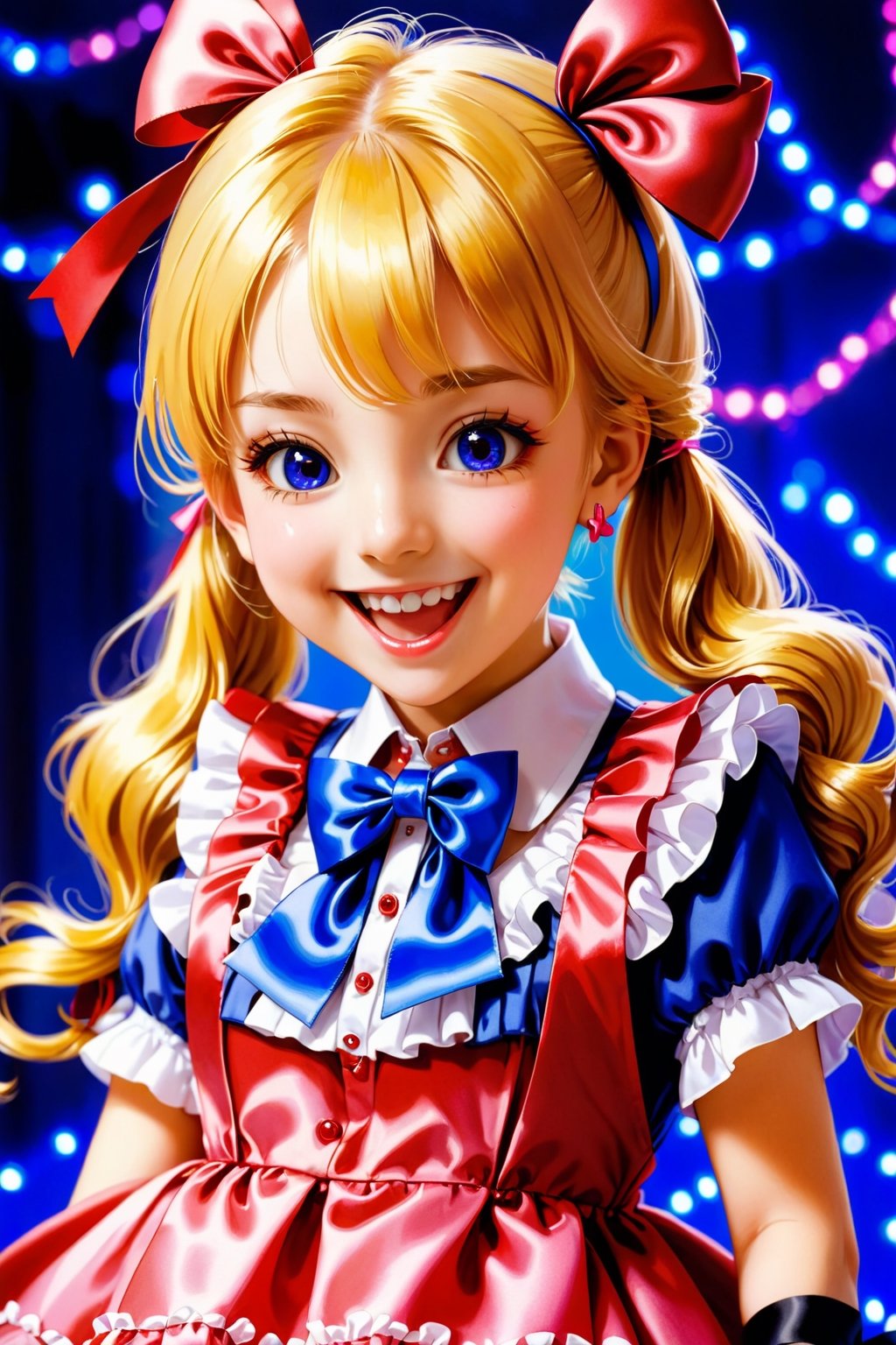 15 years old, blonde hair, red hair accessories ,  pink dress_shirt , royal blue pupils , red ribbon bow , smile , open mouth , twin_tails,