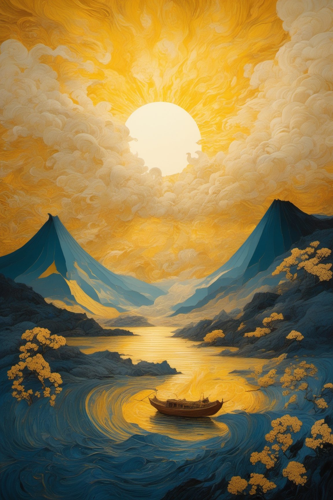 very beautiful insanely detailed image of glowing seascape volcano in golden spring". beautiful golden mountains, bright dark yellow ornate sun, by Victo_Ngai, Oleksandra Ekster, Malevich, Vladyslav Yerko and Alexander Jansson, Vladyslav Yerko! Very Complex perfect elegant composition! linen gesso acrylic paper, epic Dramatic lighting! Razor-sharp quality insanely detailed, deep colors realistic masterpiece,sketch art