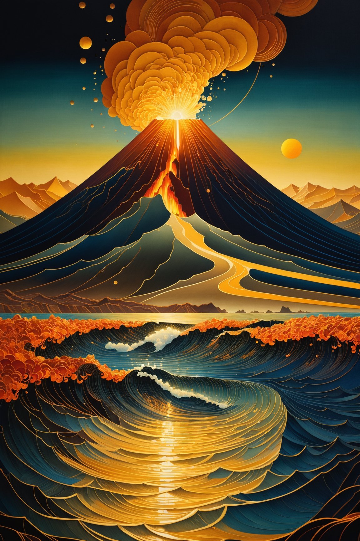 very beautiful insanely detailed image of glowing seascape volcano in golden spring". beautiful golden mountains, bright dark yellow ornate sun, by Victo_Ngai, Oleksandra Ekster, Malevich, Vladyslav Yerko and Alexander Jansson, Vladyslav Yerko! Very Complex perfect elegant composition! linen gesso acrylic paper, epic Dramatic lighting! Razor-sharp quality insanely detailed, deep colors realistic masterpiece