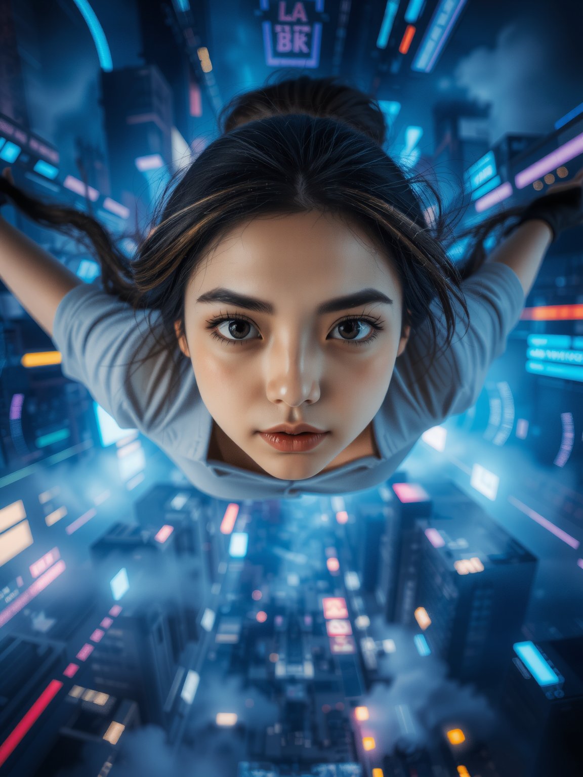 A girl floats in mid-air, surrounded by a mesmerizing vortex of cityscape elements - towering skyscrapers, neon lights, and swirling mist. Dynamic perspective plunges the viewer into the scene, as glowing blue and purple hues radiate from the center. Her eyes, aglow with wonder, reflect the surreal atmosphere. In the background, intricate details of futuristic architecture blur together in a complex tapestry. The subject's skin and facial texture are rendered with extreme realism, every freckle and eyebrow hair painstakingly recreated. Cinematic lighting casts a warm glow, illuminating her fully clothed figure in sharp relief against the dark blue-purple hues. Wide shot captures every detail of this awe-inspiring scene.A girl floats in mid-air, surrounded by a mesmerizing vortex of cityscape elements - towering skyscrapers, neon lights, and swirling mist. Dynamic perspective plunges the viewer into the scene, as glowing blue and purple hues radiate from the center. Her eyes, aglow with wonder, reflect the surreal atmosphere. In the background, intricate details of futuristic architecture blur together in a complex tapestry. The subject's skin and facial texture are rendered with extreme realism, every freckle and eyebrow hair painstakingly recreated. Cinematic lighting casts a warm glow, illuminating her fully clothed figure in sharp relief against the dark blue-purple hues. Wide shot captures every detail of this awe-inspiring scene.