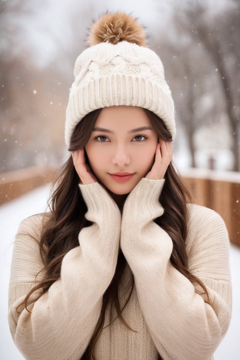 masterpiece, best quality, raw photo, realistic, 1girl, (helf-length portrait:1.5), long hair, sweater, sweater hat, supporting head on hands, (cute face, temptations look), snowing background, (sepia photography), (professional photo, balanced photo, balanced exposure)