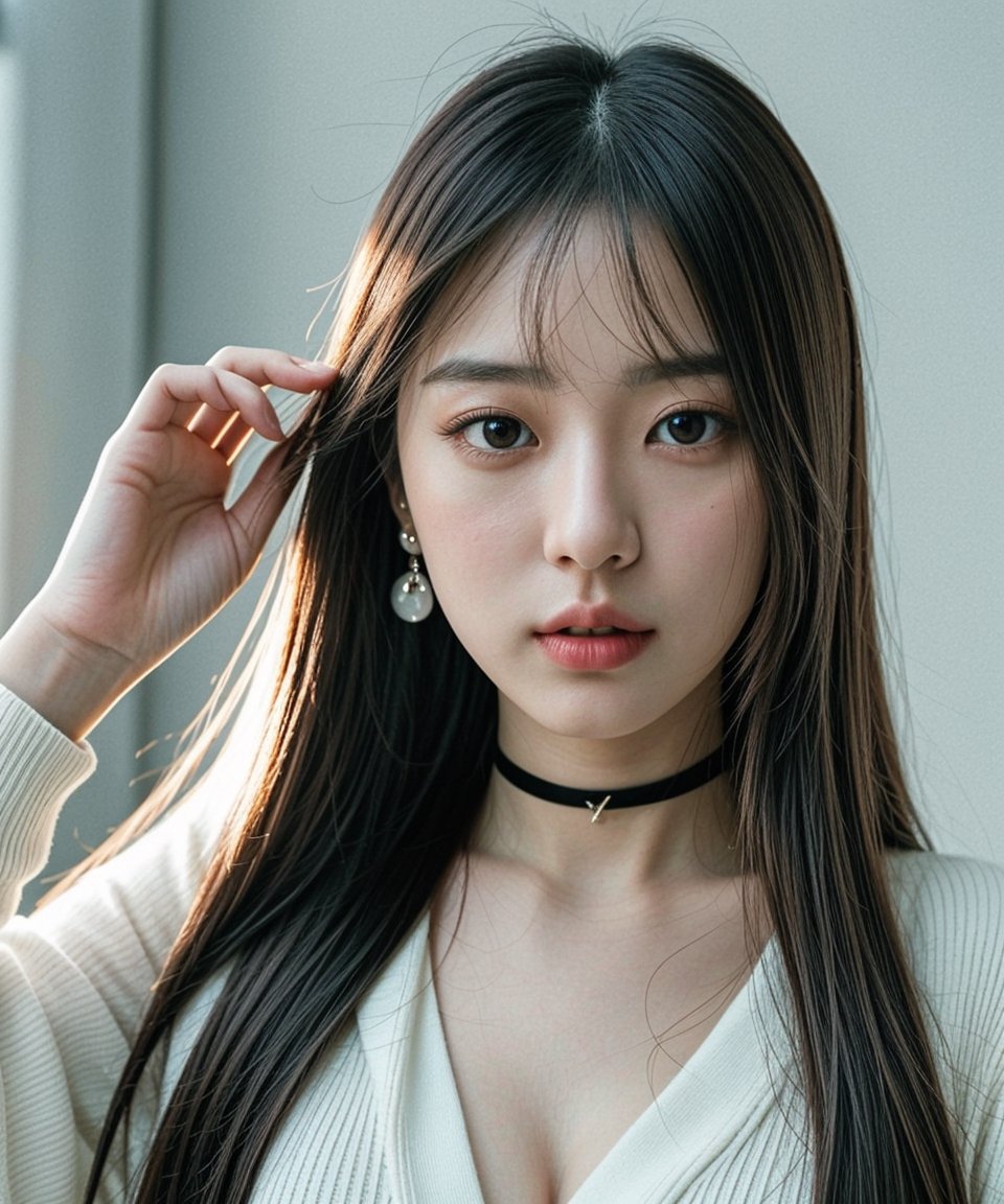 (masterpiece:1.35),(best-quality:1.4), 8k, ultra-detailed, photography, (ultra-realistic:1.4), film grain, portrait photo of 23 years old J-pop woman in white cardigan, (flowing long hair, run her hand through her hair), earrings, choker, cleavage, pale skin, (pout, thin lip), hard shadows, simple background, (instagram photo),