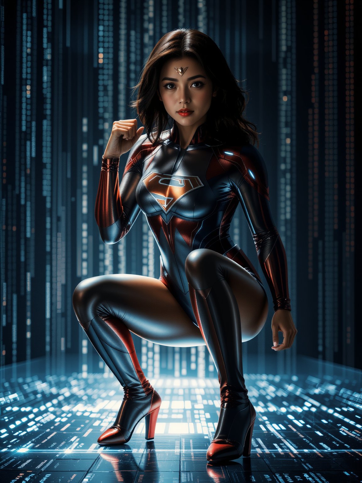 Here's a photorealistic prompt for the scene:

Superwoman crouches in a powerful stance, her suit glowing with a subtle 'S' emblem. Her body seamlessly blends into the digital void below, as binary code cascades from her form like waterfalls of light. One fist rests on the ground, while the other is raised defensively, framing her strong facial features and intricate skin texture. From behind her, an over-the-shoulder shot captures her gaze into the digital world she's merging with, silhouetted against a backdrop of glowing code. Cinematic lighting accentuates every detail: accurate body anatomy, precise hands and fingers, and lifelike portrayal. In the distance, sharp background details fade into the void, as Superwoman stands firmly in a dynamic pose, fully clothed and ready for action.