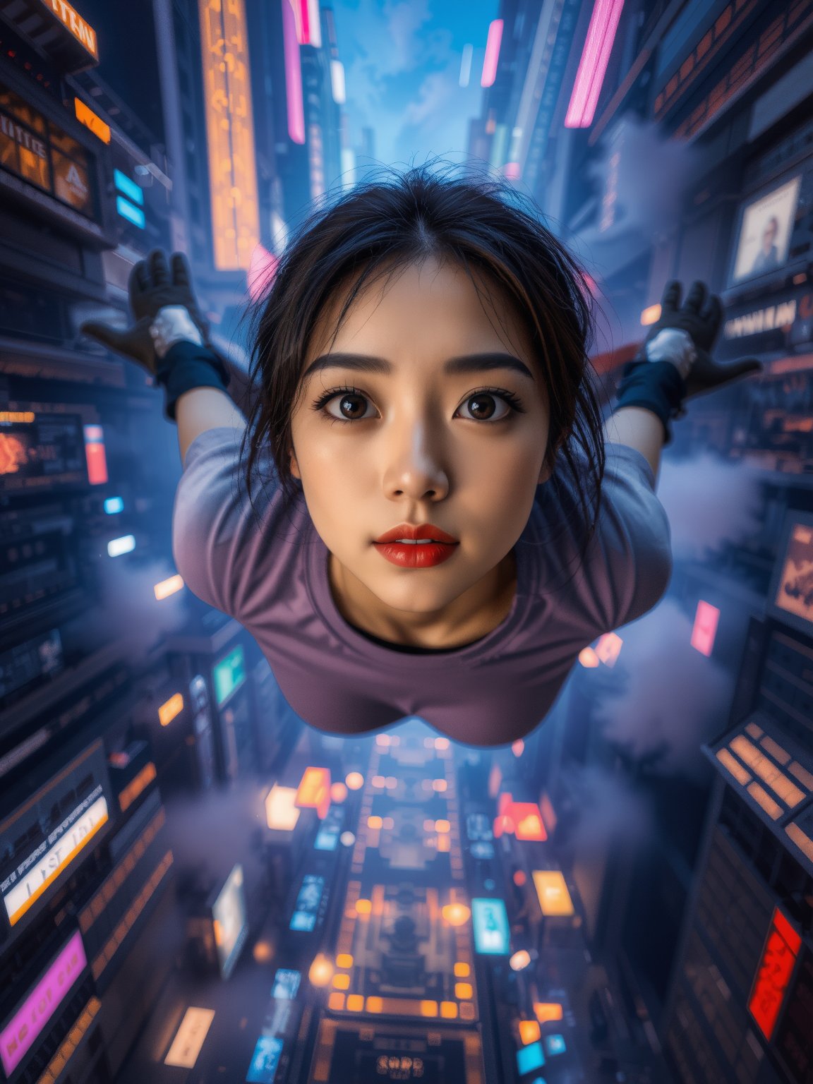 A girl floats in mid-air, surrounded by a mesmerizing vortex of cityscape elements - towering skyscrapers, neon lights, and swirling mist. Dynamic perspective plunges the viewer into the scene, as glowing blue and purple hues radiate from the center. Her eyes, aglow with wonder, reflect the surreal atmosphere. In the background, intricate details of futuristic architecture blur together in a complex tapestry. The subject's skin and facial texture are rendered with extreme realism, every freckle and eyebrow hair painstakingly recreated. Cinematic lighting casts a warm glow, illuminating her fully clothed figure in sharp relief against the dark blue-purple hues. Wide shot captures every detail of this awe-inspiring scene.A girl floats in mid-air, surrounded by a mesmerizing vortex of cityscape elements - towering skyscrapers, neon lights, and swirling mist. Dynamic perspective plunges the viewer into the scene, as glowing blue and purple hues radiate from the center. Her eyes, aglow with wonder, reflect the surreal atmosphere. In the background, intricate details of futuristic architecture blur together in a complex tapestry. The subject's skin and facial texture are rendered with extreme realism, every freckle and eyebrow hair painstakingly recreated. Cinematic lighting casts a warm glow, illuminating her fully clothed figure in sharp relief against the dark blue-purple hues. Wide shot captures every detail of this awe-inspiring scene.