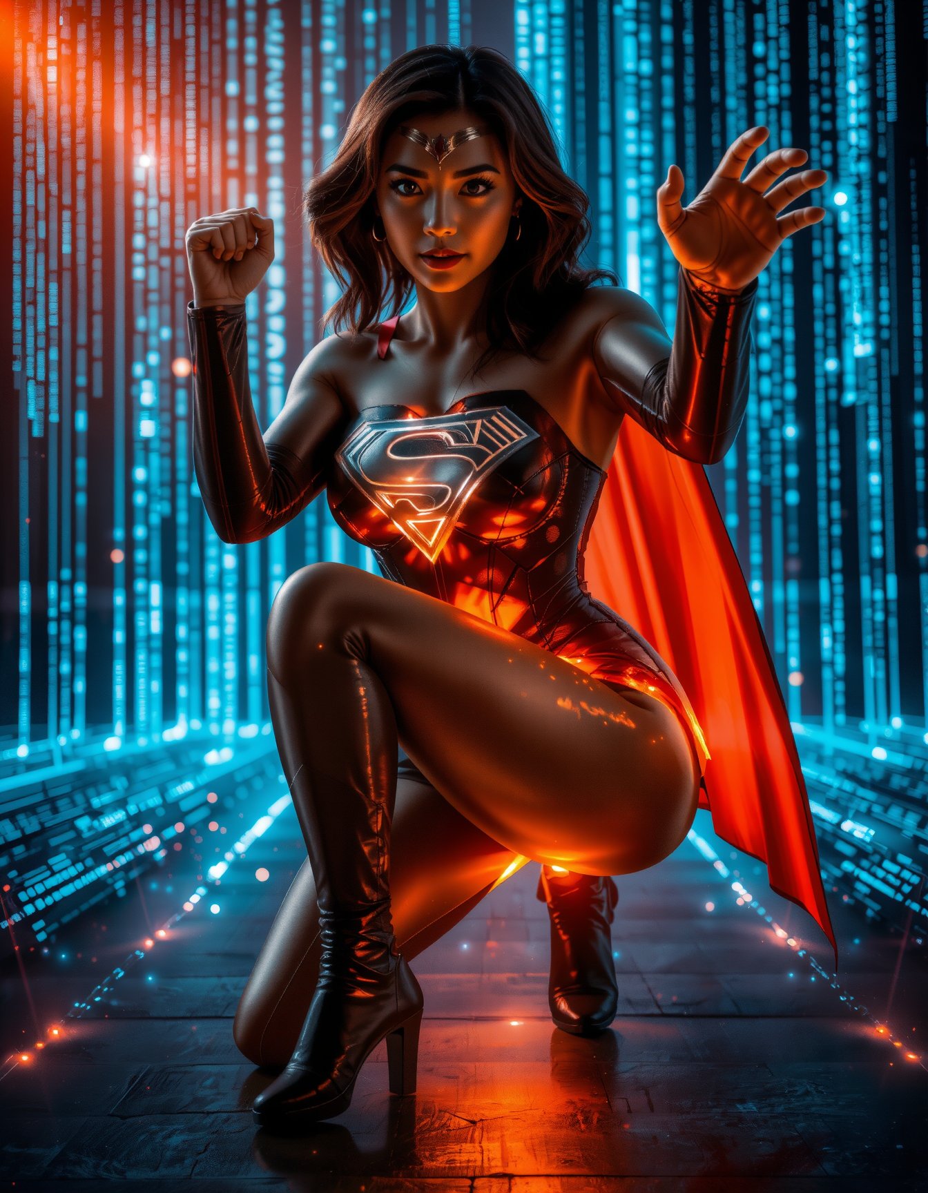 Superwoman crouches in a powerful stance which fire burning body, her suit glowing with a subtle 'S' emblem. Her body seamlessly blends into the digital void below, as binary code cascades from her form like waterfalls of light. One fist rests on the ground, while the other is raised defensively, framing her strong facial features and intricate skin texture. From behind her, an over-the-shoulder shot captures her gaze into the digital world she's merging with, silhouetted against a backdrop of glowing code. Cinematic lighting accentuates every detail: accurate body anatomy, precise hands and fingers, and lifelike portrayal. In the distance, sharp background details fade into the void, as Superwoman stands firmly in a dynamic pose, fully clothed and ready for action.