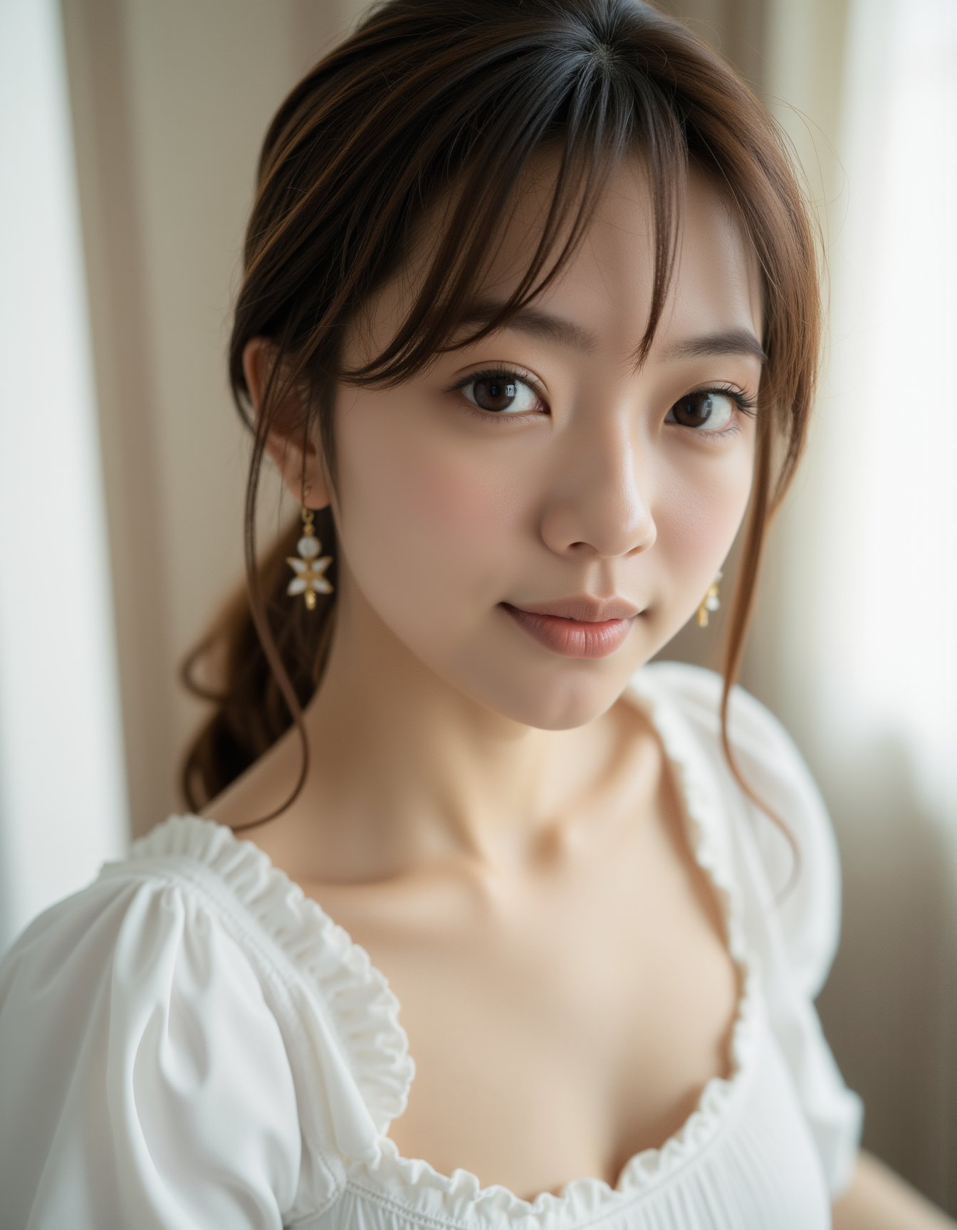 best quality, masterpiece, raw photo of a female in white dress, close up face, brown hair, fashion accessories, looking at viewer, indoor, day time, professional photo, high contrast exposure, soft bokeh, high key light, hard shadow, soft bokeh, simple background, white background,