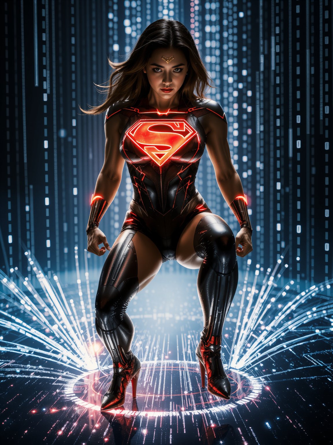 A photorealistic scene of Superwoman with her iconic 'S' emblem glowing, her body merging into the digital void below her, as binary code cascades from her form, symbolizing the fusion of strength and cybernetic power.

Superwoman crouched in a ready stance, one fist on the ground and the other raised defensively, as her legs dissolve into a cascade of 1s and 0s, symbolizing her integration with the digital world.

Subtle, glowing reflections of the digital code on Superwoman’s suit, adding a sense of integration between her physical form and the cybernetic environment.

Over-the-Shoulder Shot: An over-the-shoulder shot from behind Superwoman, capturing her view of the digital world she’s merging into, with her silhouette framed against the glowing code.

cinematic lighting, extremely intricate detail character, accurate depiction of character, correct body anatomy, correct hands and fingers, extremely intricate skin and facial texture detail, design,lifelike potrayal, extrememly realistic lighting, extreme dynamic pose, sfw, fully clothes, sharp background detail, wide shot