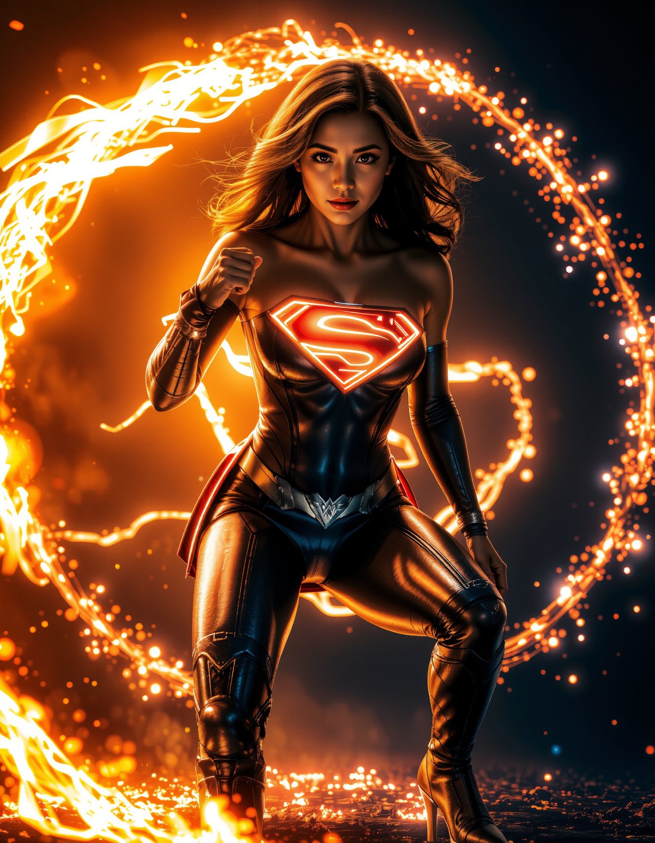 Superwoman crouches in a powerful stance, her suit glowing with a subtle 'S' emblem. One fist rests on the ground, while the other is raised defensively, framing her strong facial features and intricate skin texture. Her surrounded by dazzling flames, her figure illuminated by the vibrant, flickering fire that dances around her. She stands confidently, her expression fierce and captivating, with the flames reflecting in her eyes. Her hair flows freely, seemingly intertwined with the fiery glow, creating a striking contrast against the backdrop. The fire swirls around her body in intricate patterns, highlighting her silhouette and emphasizing the power she embodies. The background is dark, allowing the brilliant colors of the flames to stand out vividly, casting an ethereal light on her features. The atmosphere is intense and dynamic, evoking a sense of energy and passion, as if she is harnessing the very essence of fire itself. Her seamlessly blends into the digital void below, as binary code cascades from her form like waterfalls of light. From behind her, an over-the-shoulder shot captures her gaze into the digital world she's merging with, silhouetted against a backdrop of glowing code. Cinematic lighting accentuates every detail: accurate body anatomy, precise hands and fingers, and lifelike portrayal. In the distance, sharp background details fade into the void, as Superwoman stands firmly in a dynamic pose, fully clothed and ready for action.