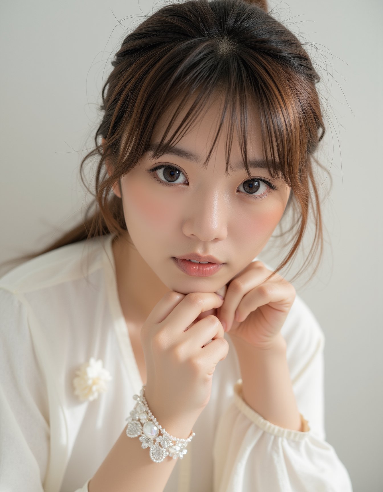 best quality, masterpiece, raw photo of a female in white dress, close up face, brown hair, fashion accessories, looking at viewer, indoor, day time, professional photo, high contrast exposure, soft bokeh, high key light, hard shadow, soft bokeh, simple background, white background,