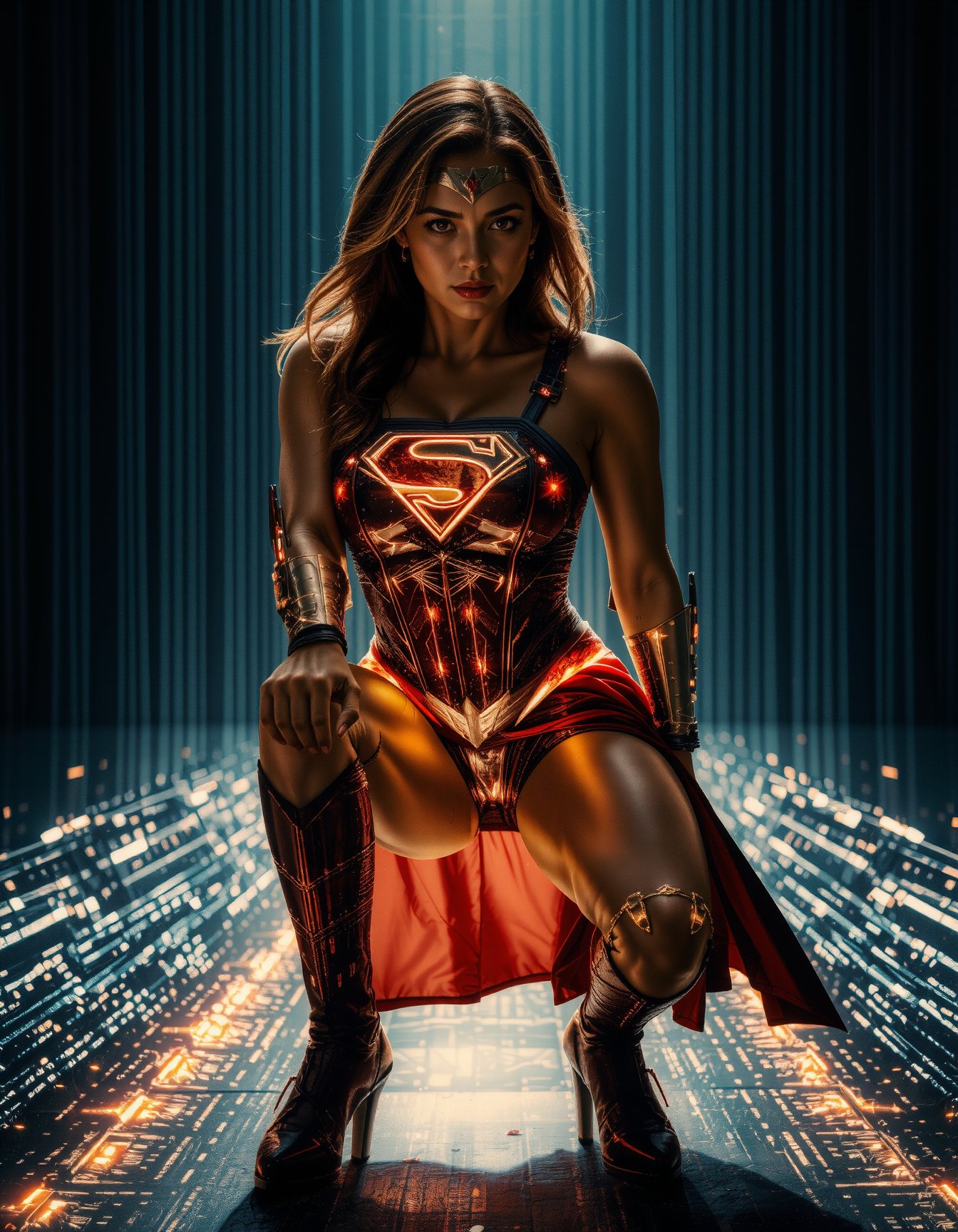 Superwoman crouches in a powerful stance who burning body, her suit glowing with a subtle 'S' emblem. Her body seamlessly blends into the digital void below, as binary code cascades from her form like waterfalls of light. One fist rests on the ground, while the other is raised defensively, framing her strong facial features and intricate skin texture. From behind her, an over-the-shoulder shot captures her gaze into the digital world she's merging with, silhouetted against a backdrop of glowing code. Cinematic lighting accentuates every detail: accurate body anatomy, precise hands and fingers, and lifelike portrayal. In the distance, sharp background details fade into the void, as Superwoman stands firmly in a dynamic pose, fully clothed and ready for action.