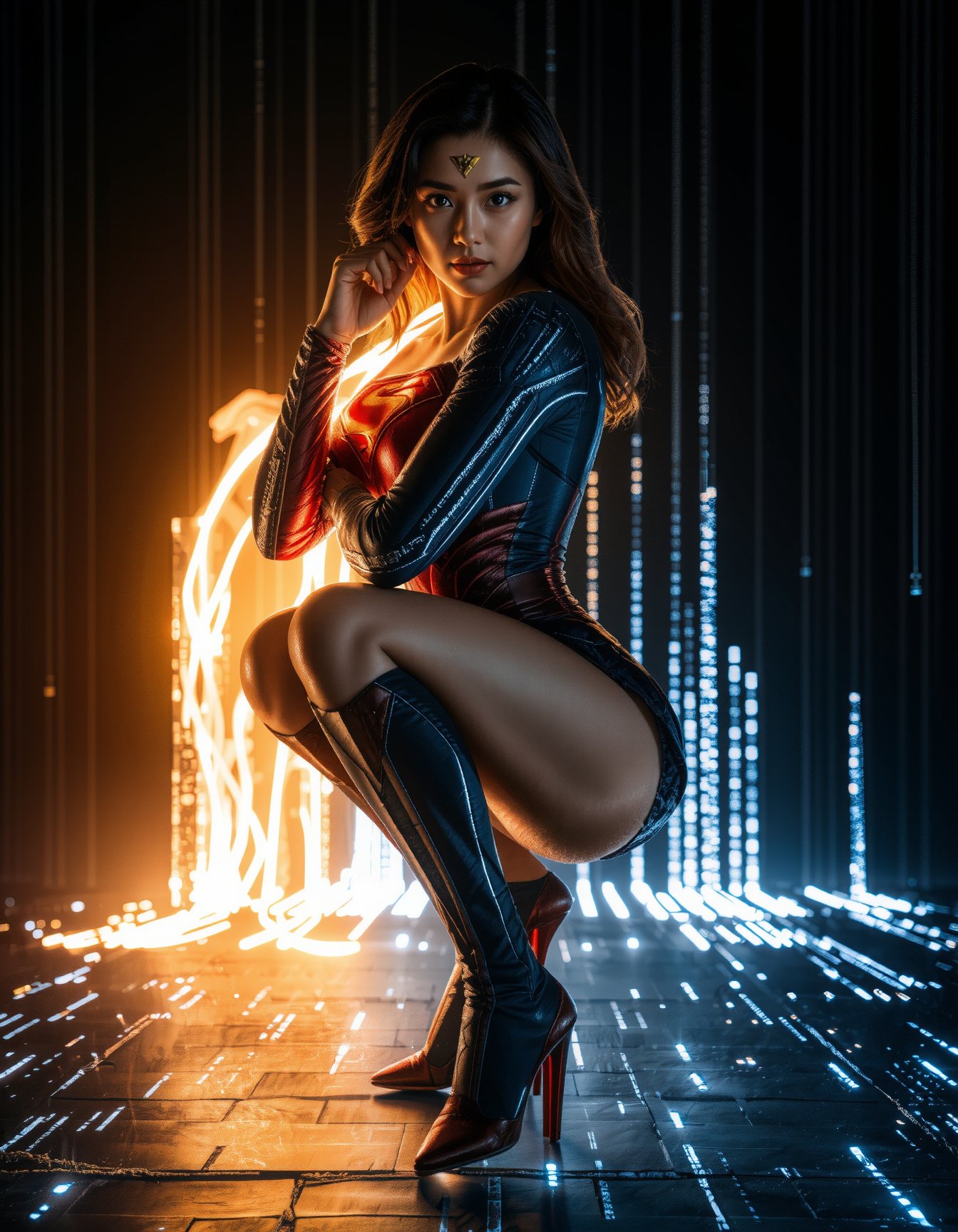 Superwoman crouches in a powerful stance which fire burning body, her suit glowing with a subtle 'S' emblem. Her body seamlessly blends into the digital void below, as binary code cascades from her form like waterfalls of light. One fist rests on the ground, while the other is raised defensively, framing her strong facial features and intricate skin texture. From behind her, an over-the-shoulder shot captures her gaze into the digital world she's merging with, silhouetted against a backdrop of glowing code. Cinematic lighting accentuates every detail: accurate body anatomy, precise hands and fingers, and lifelike portrayal. In the distance, sharp background details fade into the void, as Superwoman stands firmly in a dynamic pose, fully clothed and ready for action.