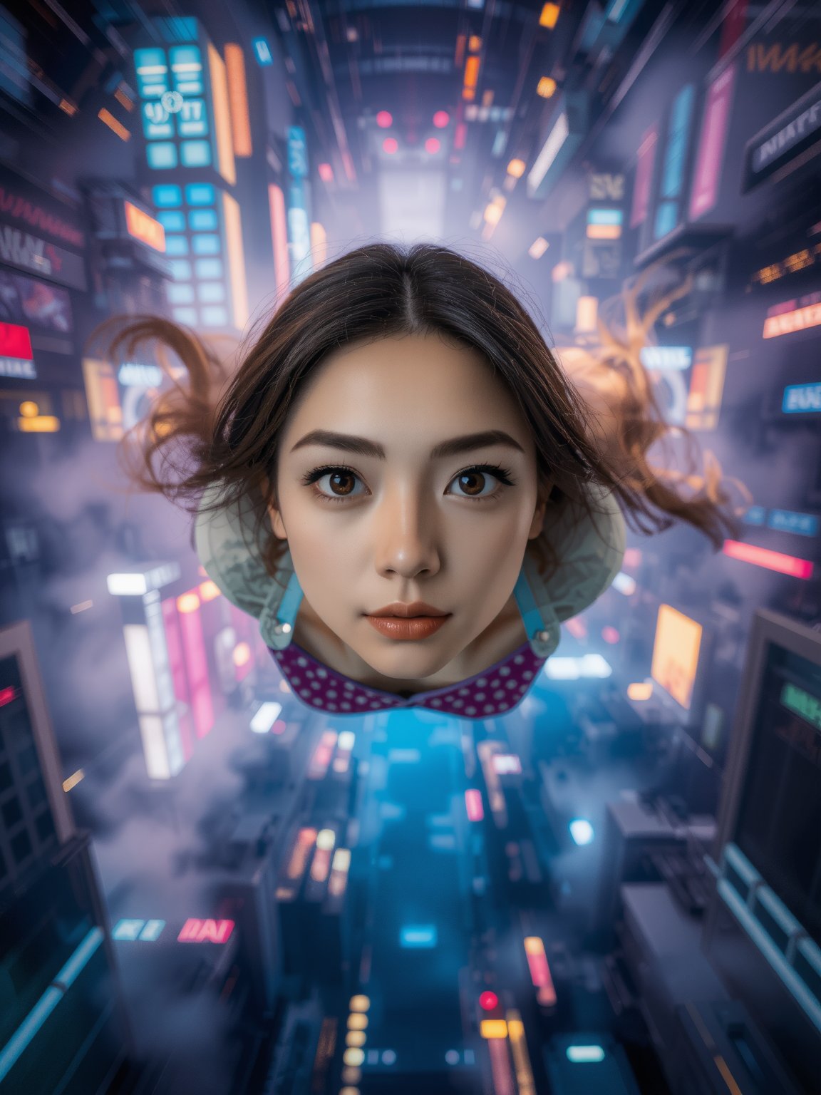 A girl floats in mid-air, surrounded by a mesmerizing vortex of cityscape elements - towering skyscrapers, neon lights, and swirling mist. Dynamic perspective plunges the viewer into the scene, as glowing blue and purple hues radiate from the center. Her eyes, aglow with wonder, reflect the surreal atmosphere. In the background, intricate details of futuristic architecture blur together in a complex tapestry. The subject's skin and facial texture are rendered with extreme realism, every freckle and eyebrow hair painstakingly recreated. Cinematic lighting casts a warm glow, illuminating her fully clothed figure in sharp relief against the dark blue-purple hues. Wide shot captures every detail of this awe-inspiring scene.A girl floats in mid-air, surrounded by a mesmerizing vortex of cityscape elements - towering skyscrapers, neon lights, and swirling mist. Dynamic perspective plunges the viewer into the scene, as glowing blue and purple hues radiate from the center. Her eyes, aglow with wonder, reflect the surreal atmosphere. In the background, intricate details of futuristic architecture blur together in a complex tapestry. The subject's skin and facial texture are rendered with extreme realism, every freckle and eyebrow hair painstakingly recreated. Cinematic lighting casts a warm glow, illuminating her fully clothed figure in sharp relief against the dark blue-purple hues. Wide shot captures every detail of this awe-inspiring scene.