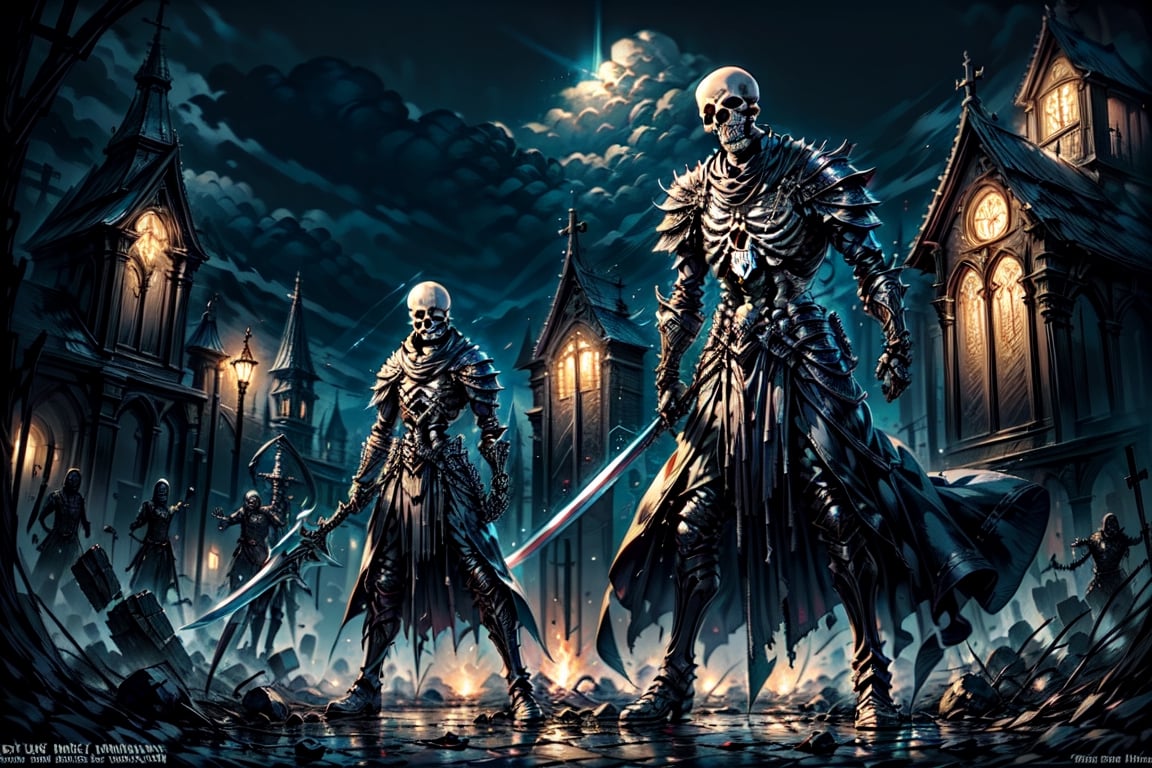 Ten skeletons in a battle-ready stance, wielding longswords, clad in black armor.,horror