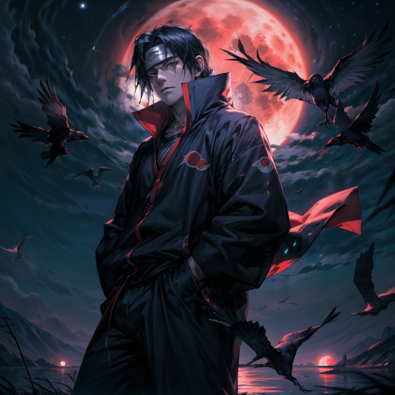 itachi uchiha, best quality, high detailed, bokeh, sharp focus, hands in pockets, full_body_shot,  cosmic sky, red moon, red and blue hues, wind blowing through hair, crows