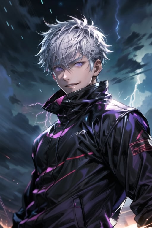 satoru gojo, black jacket, glowing lilac eyes, playful smile, dramatic lighting, best quality, cosmic sky, high detailed, bokeh, sharp focus, thunder and lightning, battle pose 