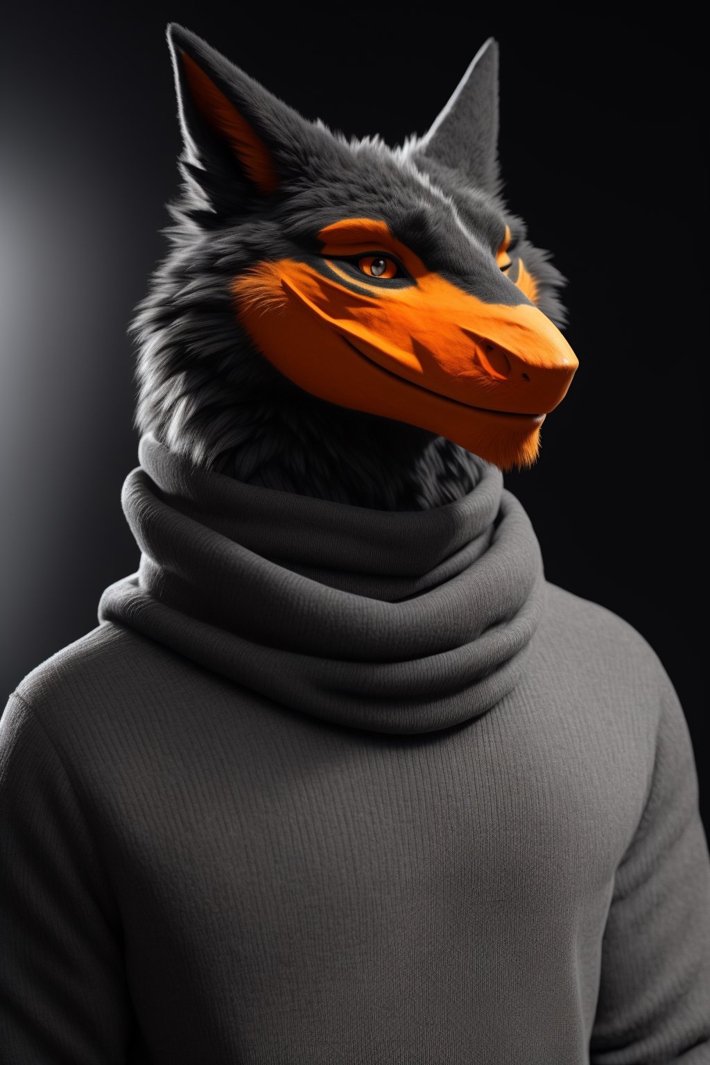 (black body: 1.5),(orange face: 1.6) fluffy, anthro, sergal, solo, male, detailed eyes, (sergal)
dressed, perfect anatomy, turtleneck, sweater, winking at the viewer, one eye closed, star, V sign,
monochrome colors, photorealism, photo, real, realism,