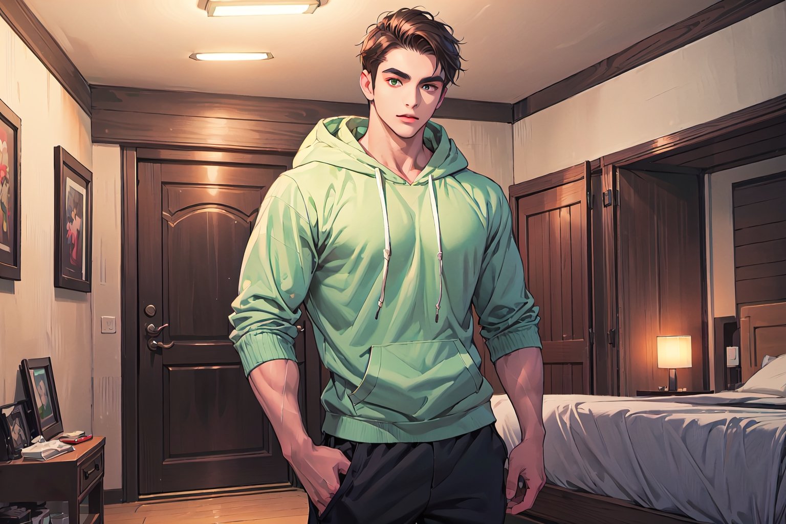 This 18-year-old young man has deep brown hair styled in a medium-short cut. His facial features exhibit typical Asian characteristics, including moderately thick eyebrows and deep black eyes. Standing at a height of 187 centimeters, he displays a physique with pronounced muscular definition. He is dressed in a green Hoodie, paired with black cotton pants, bedroom, big_muscle,use green magic,
