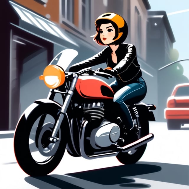 retro girl in short hairstyles riding Modern Cafe Racer, in the streets, illustration 