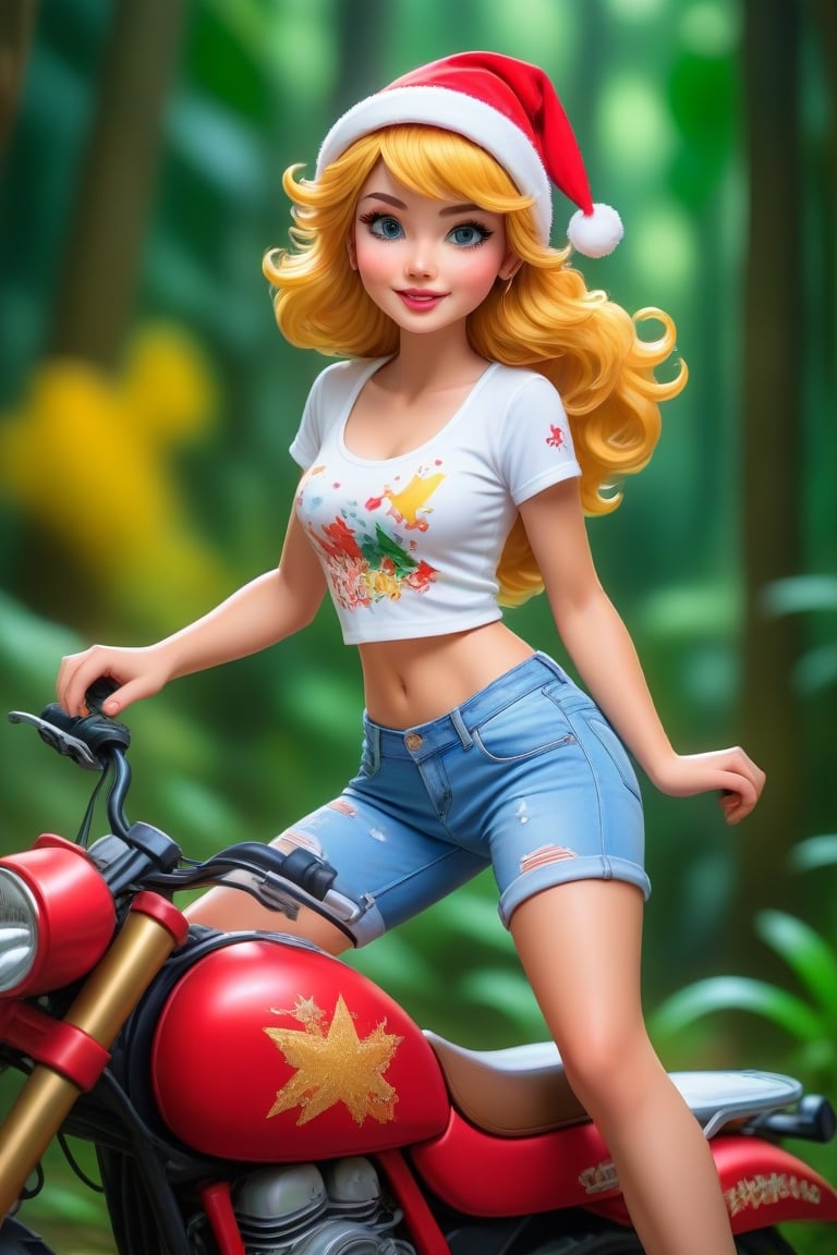 Hot Beauty short wavy golden hair, wearing Christmas cap, milky white skinned young girl, crop top and jeans, surrounded by splashes of colours, riding sports bike through jungle, comic style, aerial shot, Christmas theme ,<lora:659095807385103906:1.0>