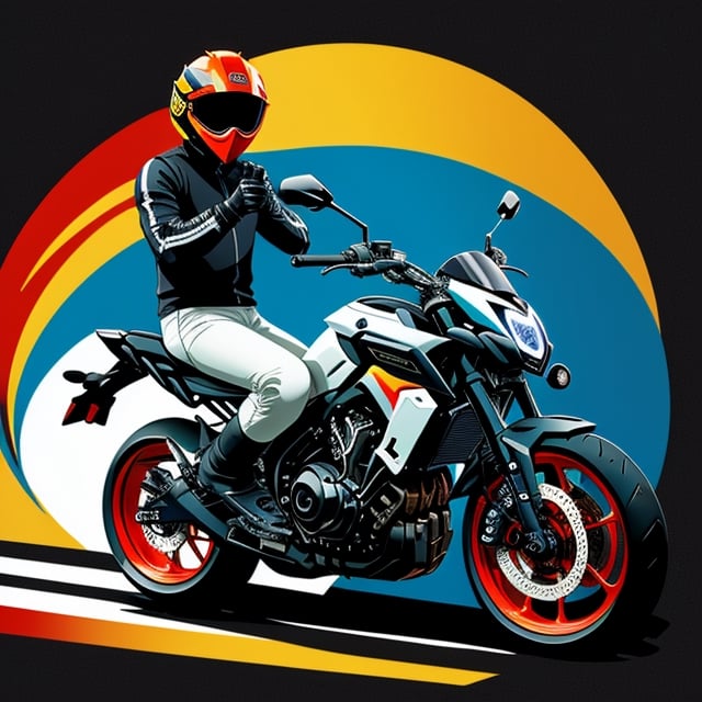 Indian Guy with sports full Helmet in caricature, vibrant colours, in front of Yamaha MT09 Bike, vector style, digital art, logo style 