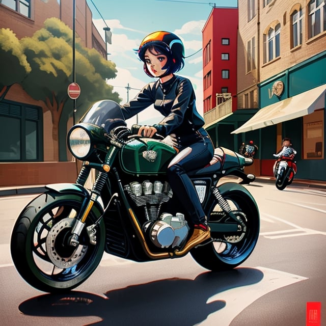 retro girl in short hairstyles riding Modern Cafe Racer, in the streets, illustration 