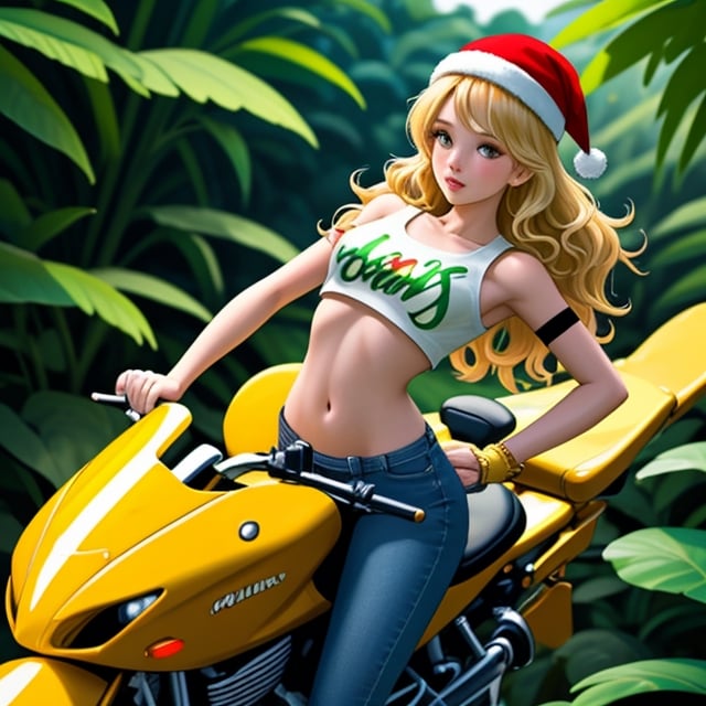 Hot Beauty short wavy golden hair, wearing Christmas cap, milky white skinned young girl, crop top and jeans, surrounded by splashes of colours, riding sports bike through jungle, comic style, aerial shot, Christmas theme ,<lora:659111690174031528:1.0>