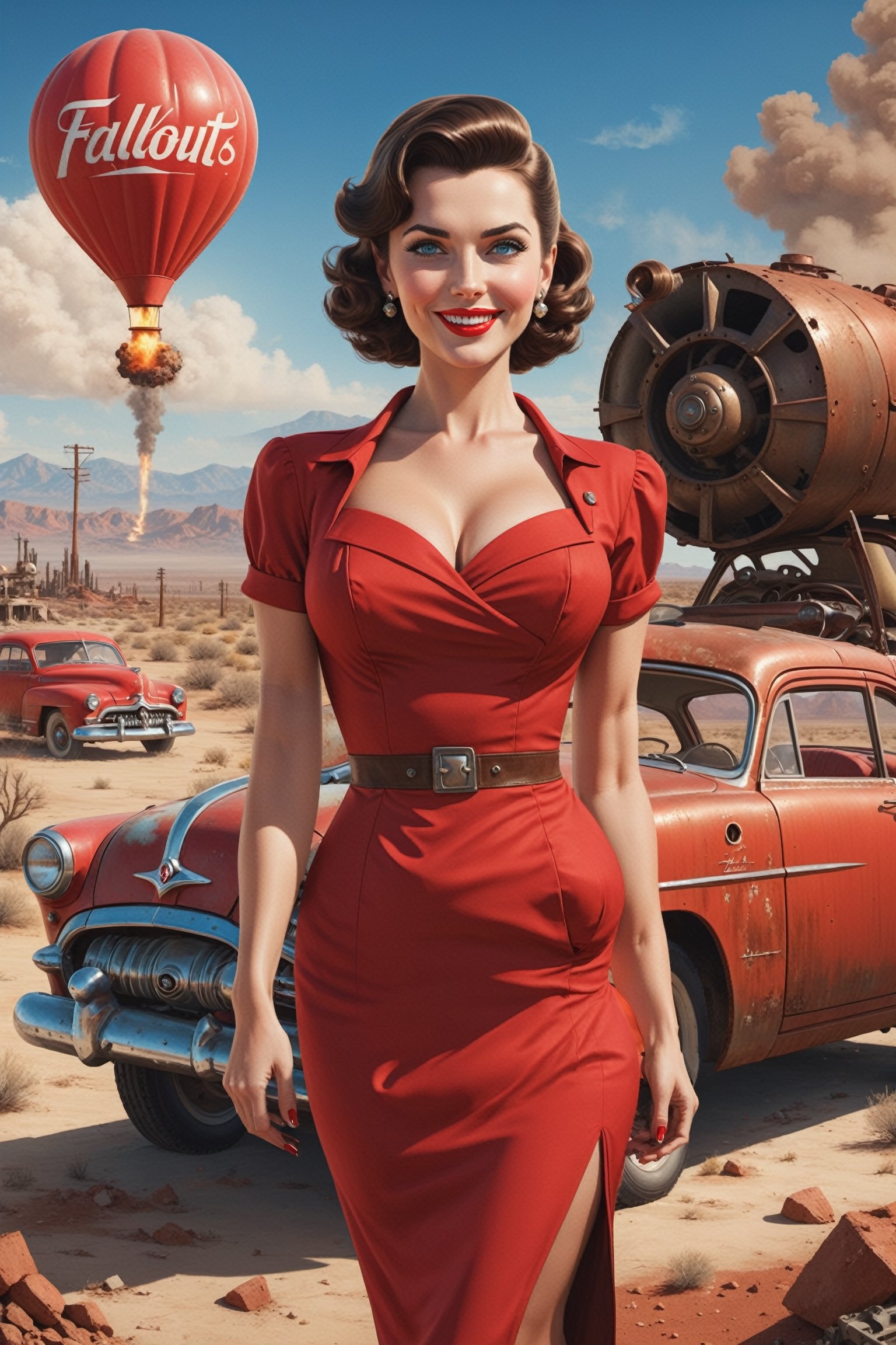 A beautiful woman with blue eyes, has medium length brown hair,(she has an italian cut hairstyle), wearing a 1950s style red dress, she is smiling slightly, illustration, pin up style, fallout desert background with an old very rusty 1950s car and 1 nuclear bomb mushroom cloud detonating in the distance, full body, (((in the style of a fallout 4 poster))),trending on CGSociety and ArtStation