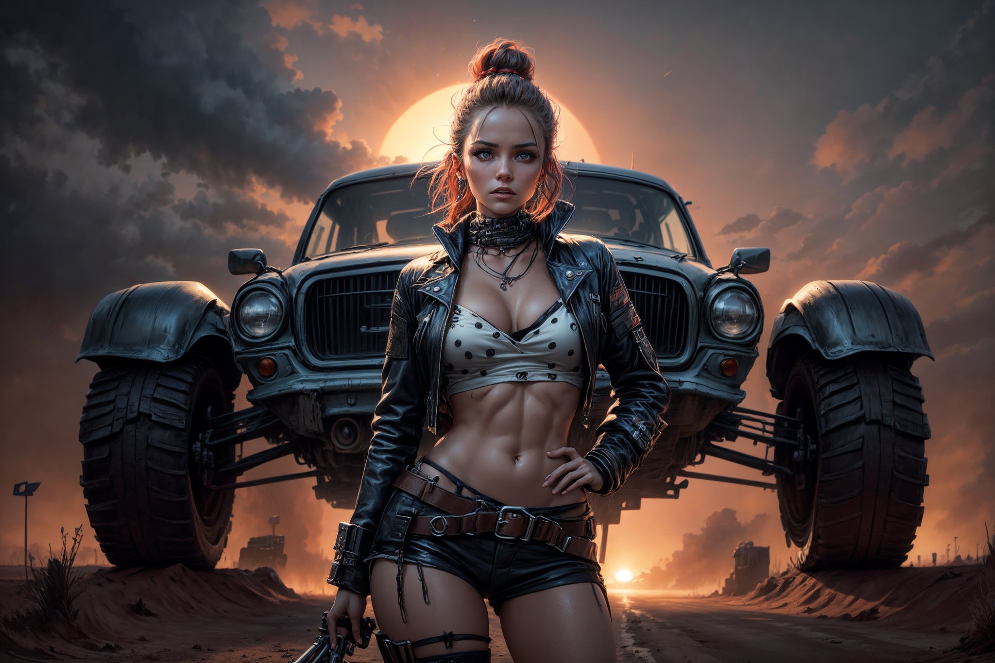 a beautiful woman with a perfect body stands next to a highly detailed Mad Max vehicle, she is wearing Mad Max style leather clothing. A sun-kissed road stretching out to infinity behind her. The vast red sky above, dotted with puffy white clouds, serves as a dramatic backdrop for this strong-willed heroine, embodying a Mad Max essence. (cowboy shot:1.4)