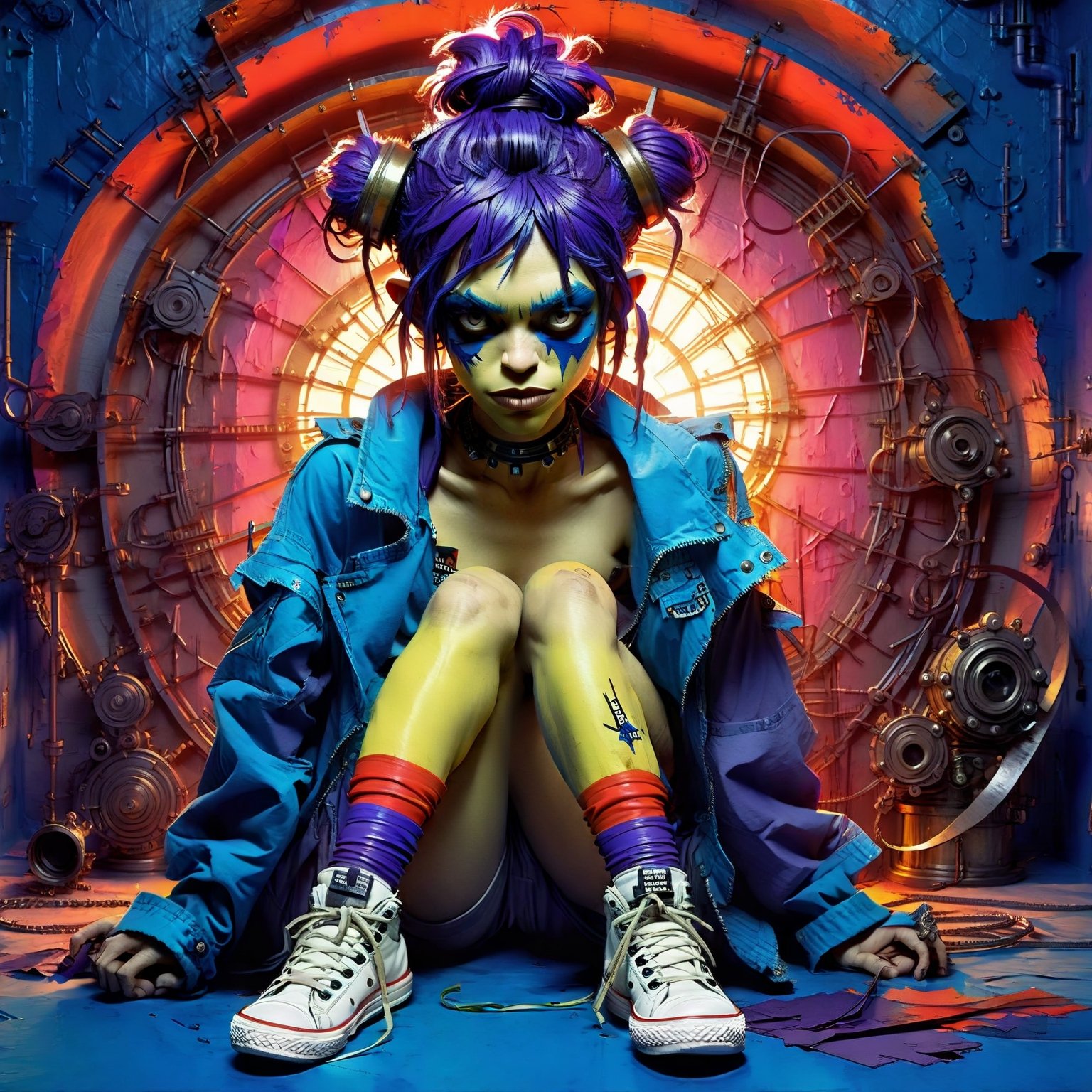 A woman sits regally in a steel throne, her messy purple buns hairstyle framing her bold features. Monochrome, Face paint, Blue eyes gleam through a gas mask, its metallic sheen reflecting the vibrant hues of her attire. white Sneakers pop against the throne's industrial backdrop. Bandages wrap her limbs like a second skin, some torn and frayed, others neatly wrapped. Her gaze pierces the camera, as if challenging the viewer to approach. (In the style of Gorillaz' 2D artwork, Jamie Hewlett's signature flair is evident in the bold lines, vivid colors, and playful nods to industrial chic:1.4).