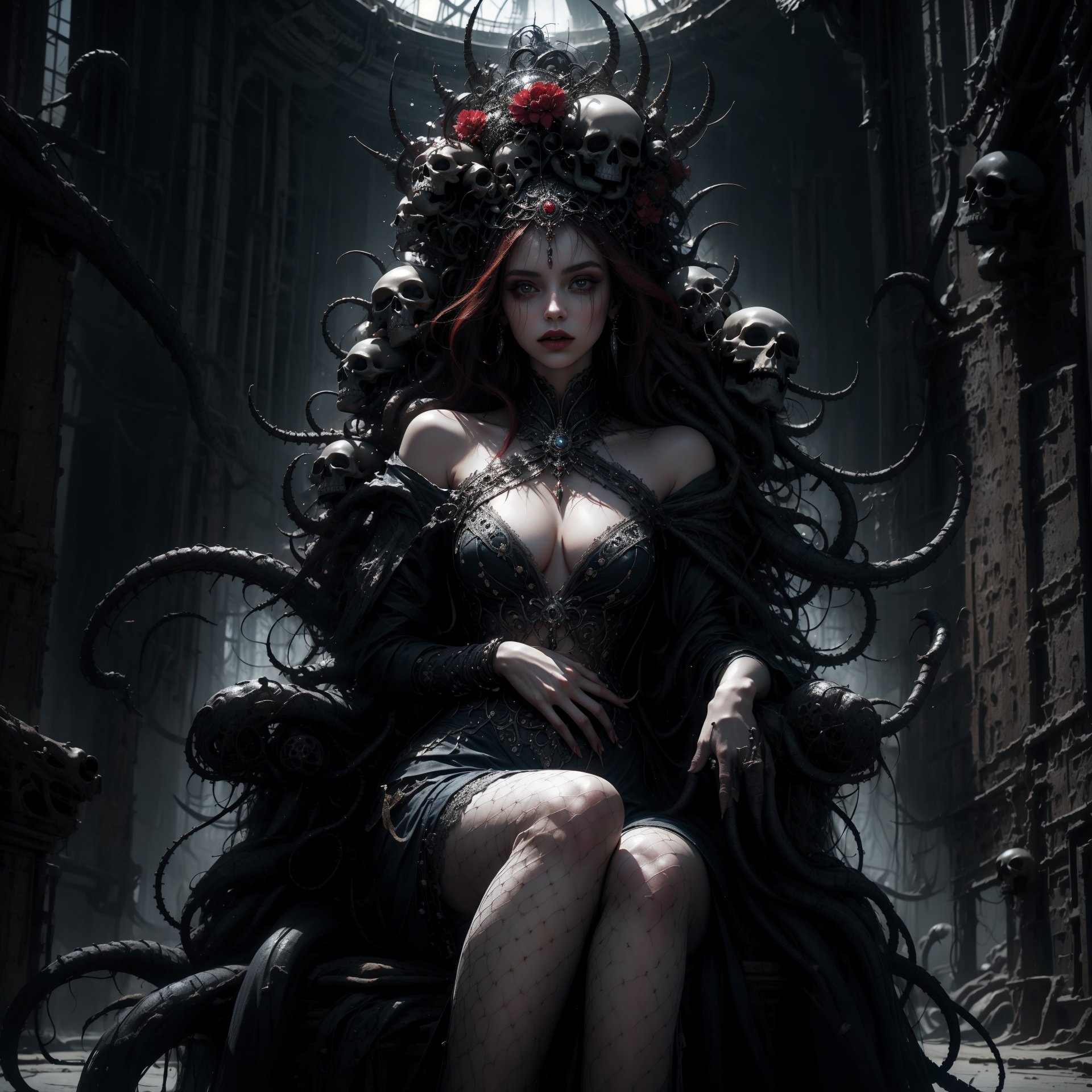 A surreal throne room portrait: a lithe model, adorned with gleaming dreadlocks and shorts hugging toned legs, sits majestically amidst a kaleidoscope of vibrant colors and macabre skulls. Atmospheric lighting highlights every curve and contour as makeup accentuates features. The camera pans across the subject's skin, radiating an otherworldly allure, inviting the viewer to uncover the dark undertones beneath this stunning visual feast.
