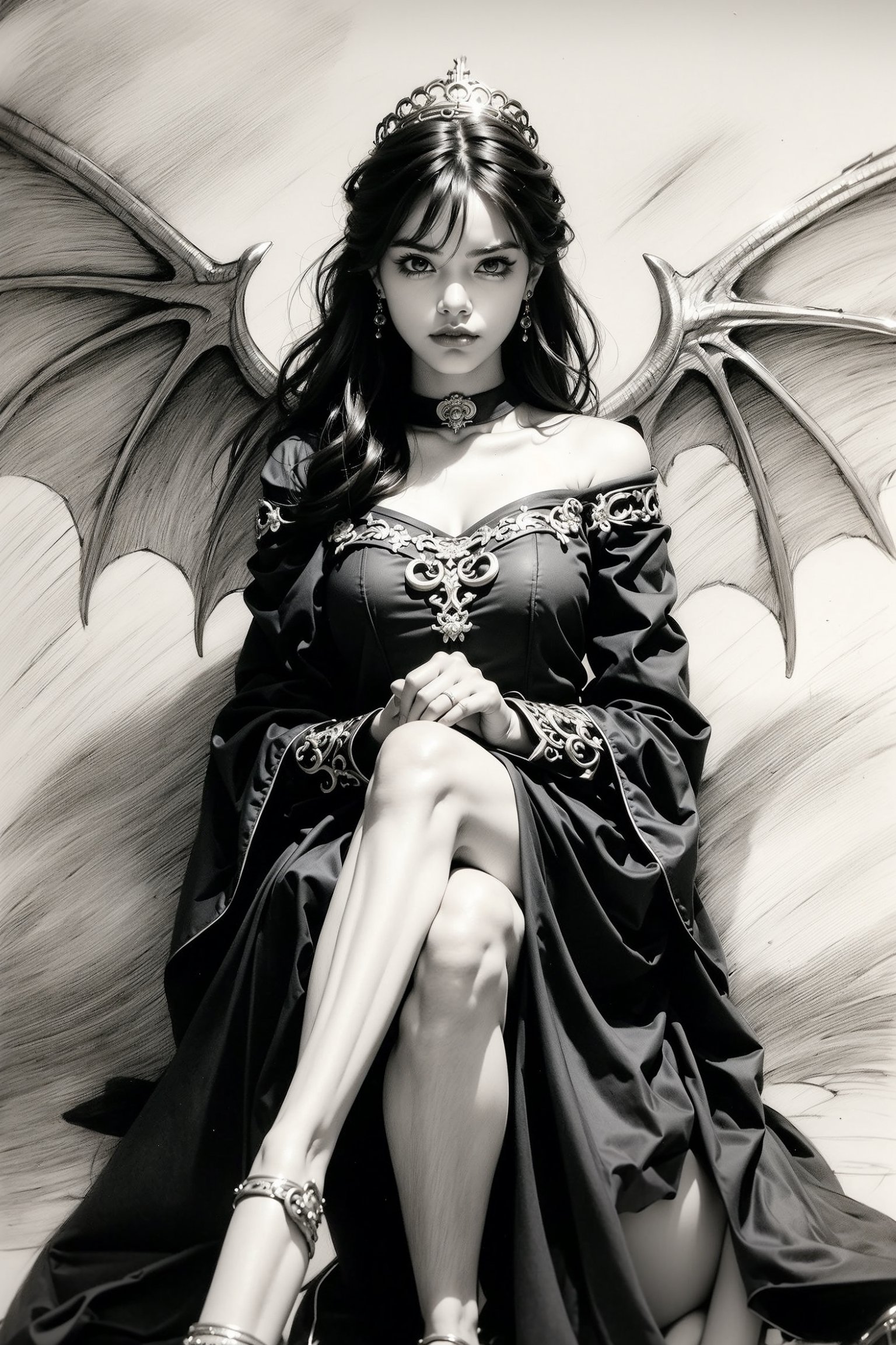 ((((pencil drawing)))), a highly detailed pencil drawing, 1girl, solo, long hair, looking at viewer, bangs, hair ornament, long sleeves, dress, (((sitting with her knees together in an ornate throne))), (((cowboy shot))), flower,, ((dragon wings)), choker, hair flower, wide sleeves, black dress, halo, black dragon wings, long dress black dress with intricare embroidery, (pencil drawing:1.4)