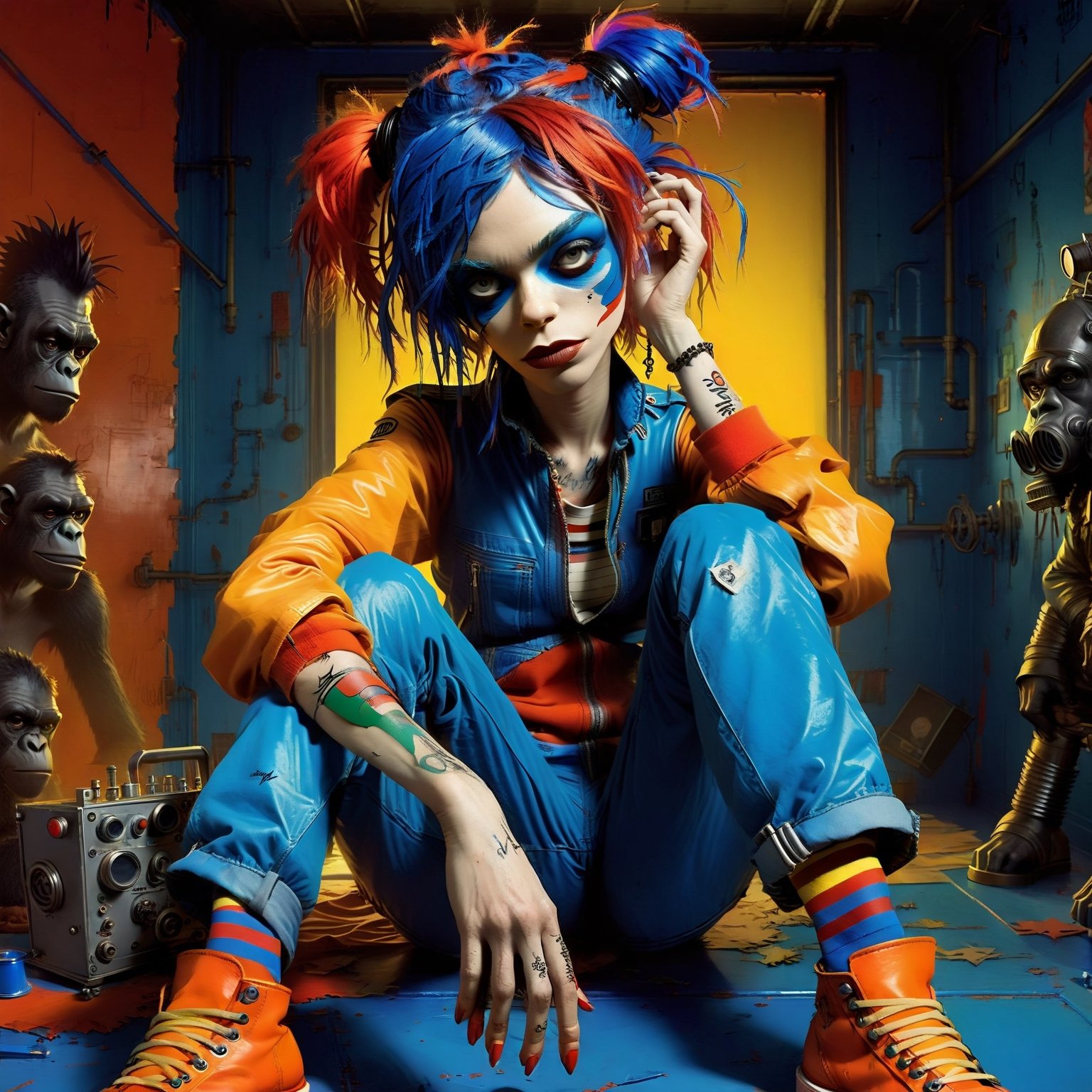 A woman sits regally in a steel throne, her messy orange buns hairstyle framing her bold features. Monochrome, Face paint, Blue eyes gleam through a gas mask, its metallic sheen reflecting the vibrant hues of her attire. Orange and red sneakers pop against the throne's industrial backdrop. Bandages wrap her limbs like a second skin, some torn and frayed, others neatly wrapped. Her gaze pierces the camera, as if challenging the viewer to approach. (In the style of Gorillaz' 2D artwork, Jamie Hewlett's signature flair is evident in the bold lines, vivid colors, and playful nods to industrial chic:1.4).