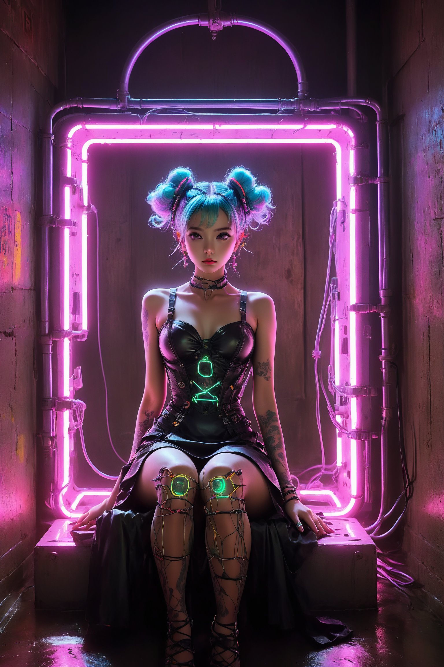 In this 8K masterpiece, a statuesque figure majestically sits within an abandoned prison cell, bathed in mesmerizing neon light that dances across her beauty. (A colourful doorway to another dimension bathes the scene in an errie light:1.4), Her twin buns hair is made up of wires and cables, framing her face. Adorned with intricate black lingerie and latex dress, she exudes regal elegance amidst the darkness. Brutalist machinery surrounds her throne-like seat, casting colorful lights on her tattoos, a testament to her cyborg nature as biopunk wires course through her body like veins. Wires and cables attach her head to the walls, creating an unsettling atmosphere of tension as if she's a slave to the machine. Sooyaaa