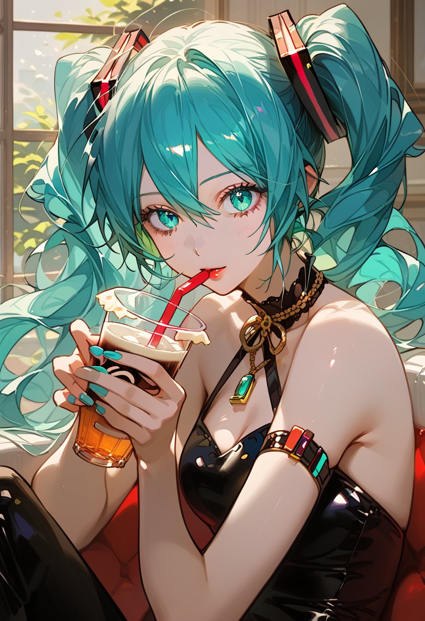 score_9, score_8_up, score_7_up, source_anime, hatsune_miku_(append), vocaloid, 1girl, aqua_hair, aqua_eyes, A stylish girl in trendy fashion, sitting at a high-end café, sipping a cappuccino, fashionable outfit, modern accessories, elegant setting, soft ambient light, cozy atmosphere, detailed background