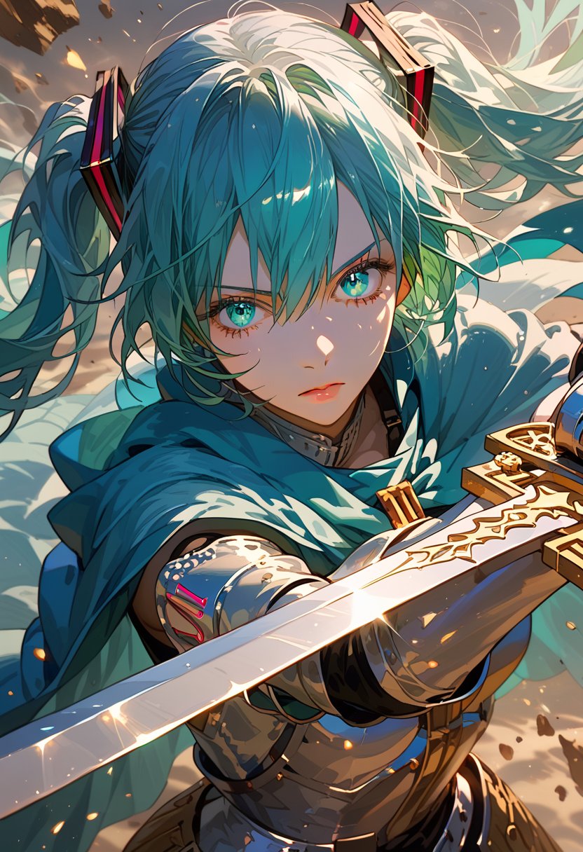 score_9, score_8_up, score_7_up, source_anime, masterpiece, high detailed,very aesthetic, hatsune_miku_(append), vocaloid, 1girl, aqua_hair, aqua_eyes, detailed gorgeous eyes, perfect face, detailed face, 1girl, female knight, detailed armor, silver armor, blue cape flowing, dynamic action pose, holding sword, hand on sword hilt, intense expression, determined eyes, battlefield, clashing swords, dramatic lighting, epic battle, dust and debris, high contrast, cinematic angle, 2/3 shot